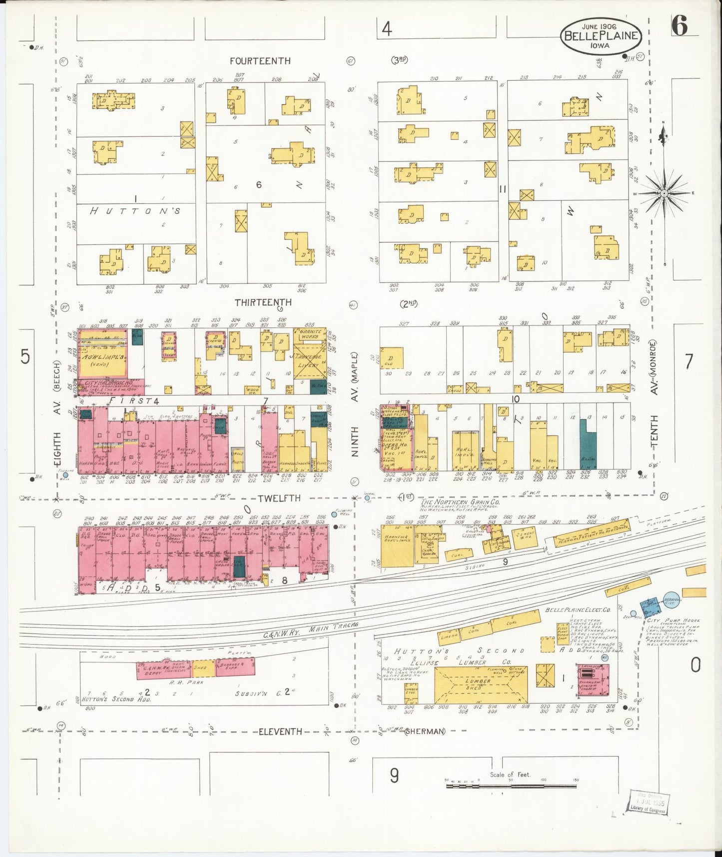 Sanborn Fire Insurance Map from Belle Plaine, Benton County, Iowa (1906), Sheet #0006 - Historic Sanborn Fire Insurance Map Print, vintage old map wall art