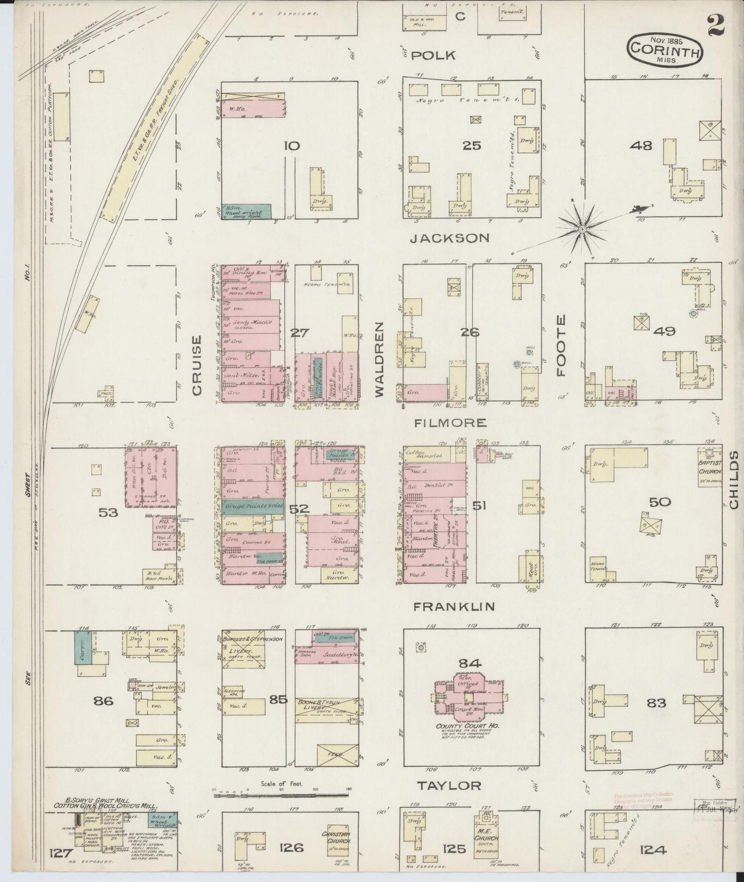 Sanborn Fire Insurance Map from Corinth, Alcorn County, Mississippi (1885), Sheet #0002 - Complete Map Set gallery image, historic Sanborn map, vintage wall art, Mississippi Mississippi