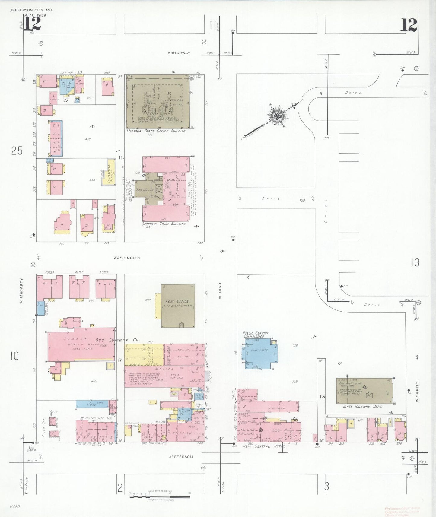 Sanborn Fire Insurance Map from Jefferson City, Cole County, Missouri (1939), Sheet #0012 - Historic Sanborn Fire Insurance Map Print, vintage old map wall art, antique decor, genealogy gift, Missouri Missouri map