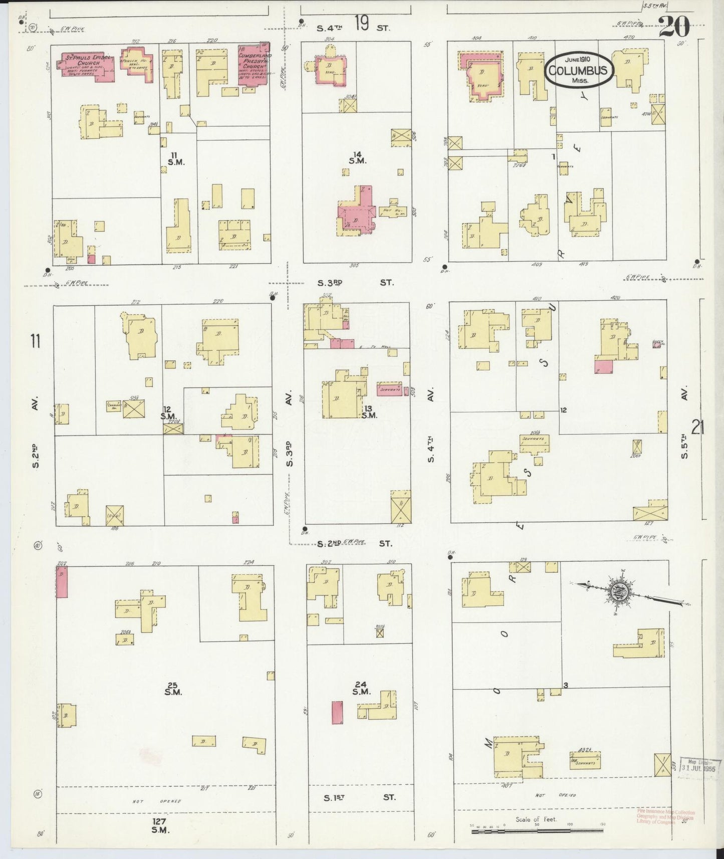 Sanborn Fire Insurance Map from Columbus, Lowndes County, Mississippi (1910), Sheet #0020 - Historic Sanborn Fire Insurance Map Print, vintage old map wall art, antique decor, genealogy gift, Mississippi Mississippi map