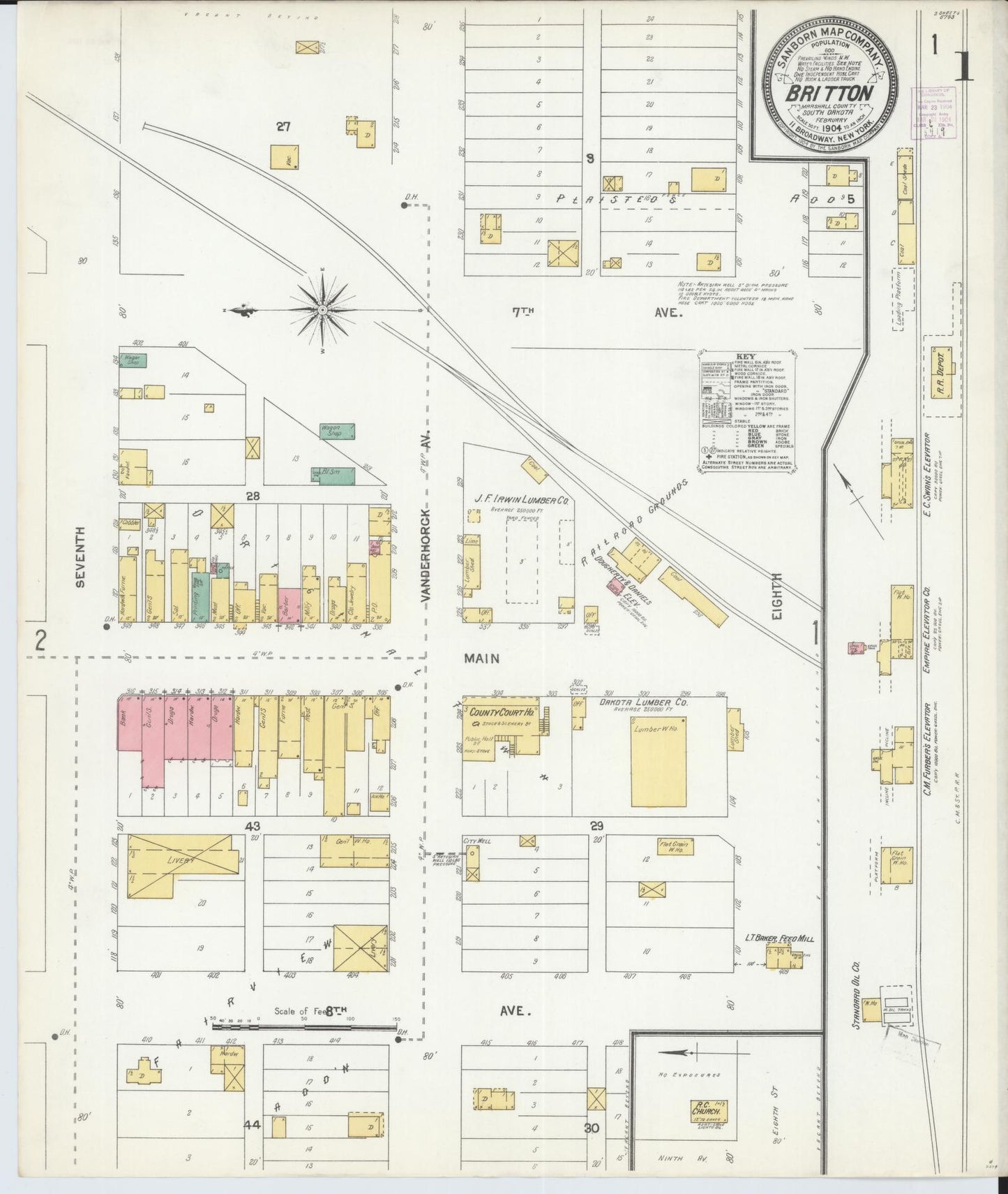 Sanborn Fire Insurance Map from Britton, Marshall County, South Dakota (1904), Sheet #0001 - Historic Sanborn Fire Insurance Map Print, vintage old map wall art, antique decor, genealogy gift, South Dakota South Dakota map