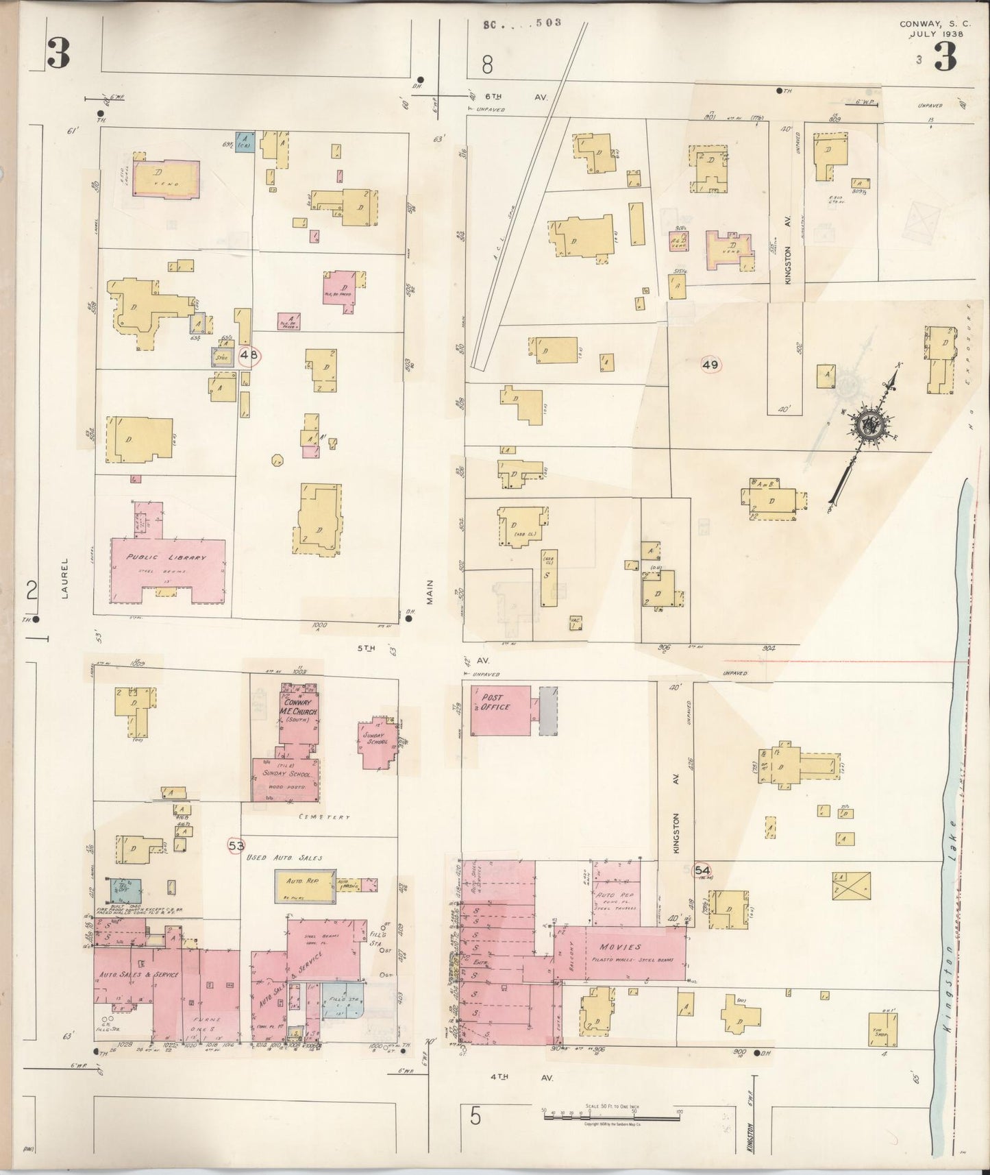 Sanborn Fire Insurance Map from Conway, Horry County, South Carolina (1949), Sheet #0003 - Historic Sanborn Fire Insurance Map Print, vintage old map wall art, antique decor, genealogy gift, South Carolina South Carolina map