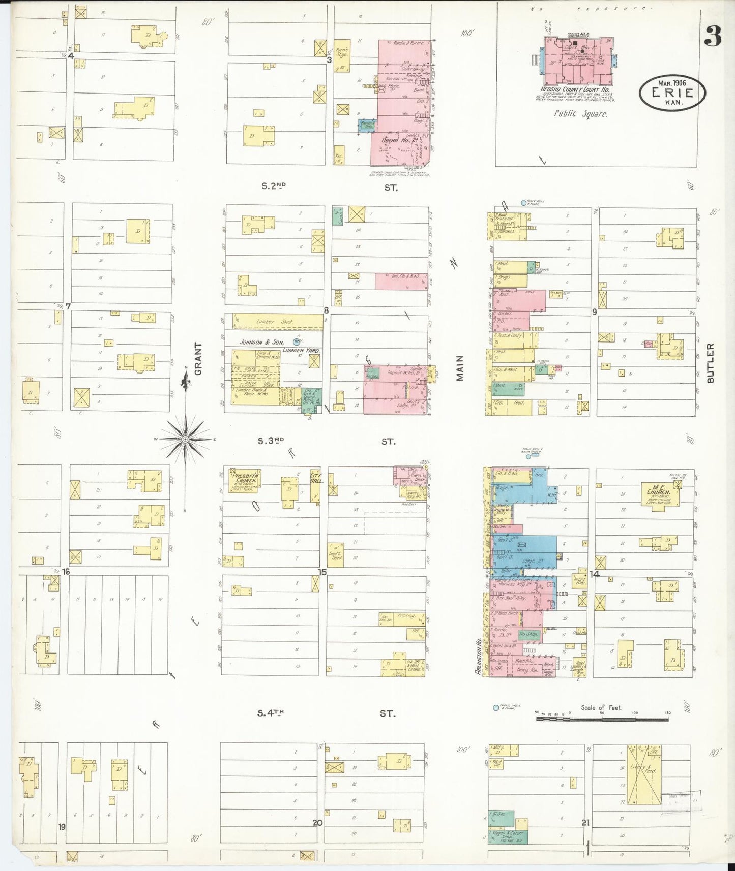 Sanborn Fire Insurance Map from Erie, Neosho County, Kansas (1906), Sheet #0003 - Historic Sanborn Fire Insurance Map Print, vintage old map wall art, antique decor, genealogy gift, Kansas Kansas map