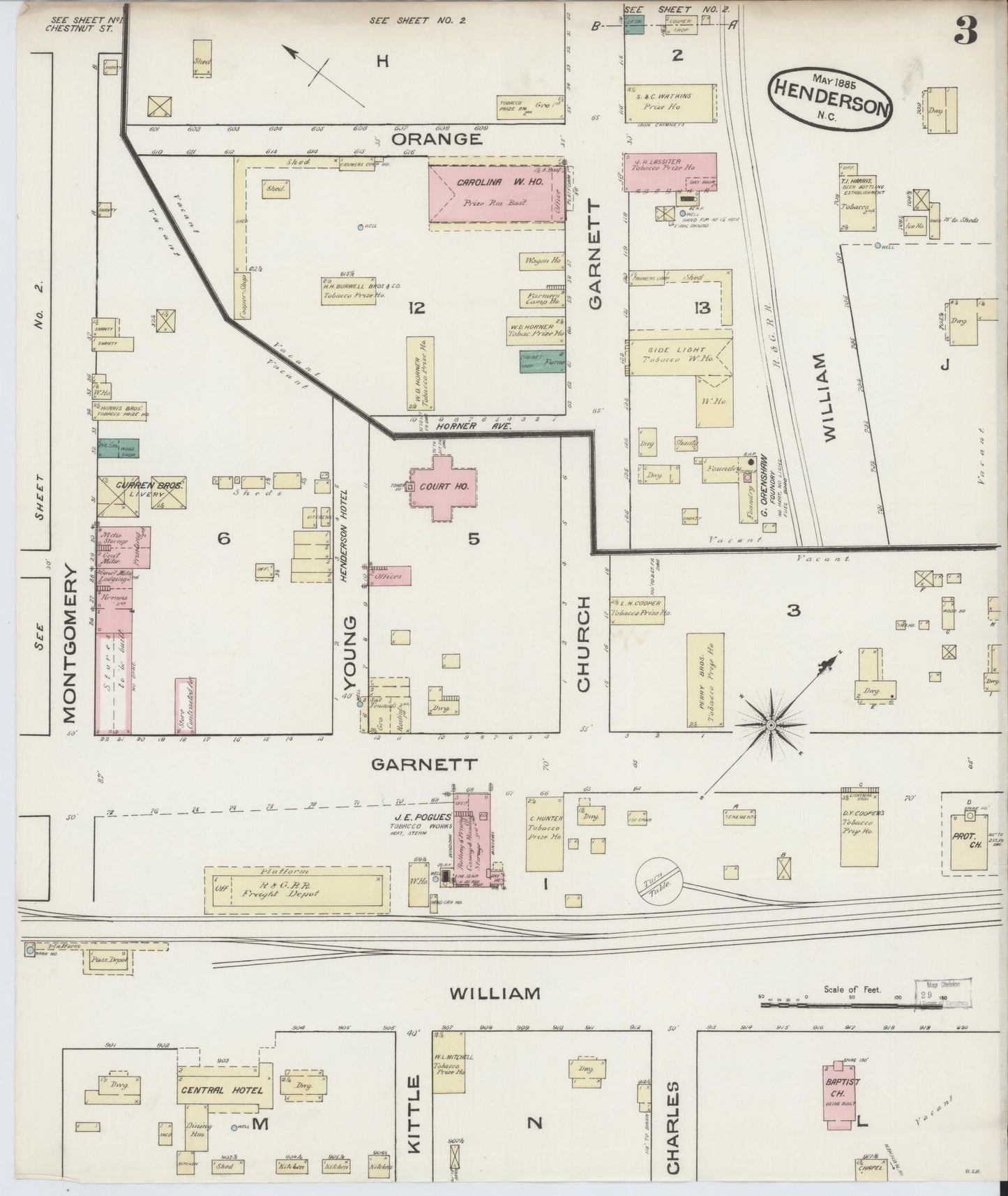 Sanborn Fire Insurance Map from Henderson, Vance County, North Carolina (1885), Sheet #0003 - Complete Map Set gallery image, historic Sanborn map, vintage wall art, North Carolina North Carolina