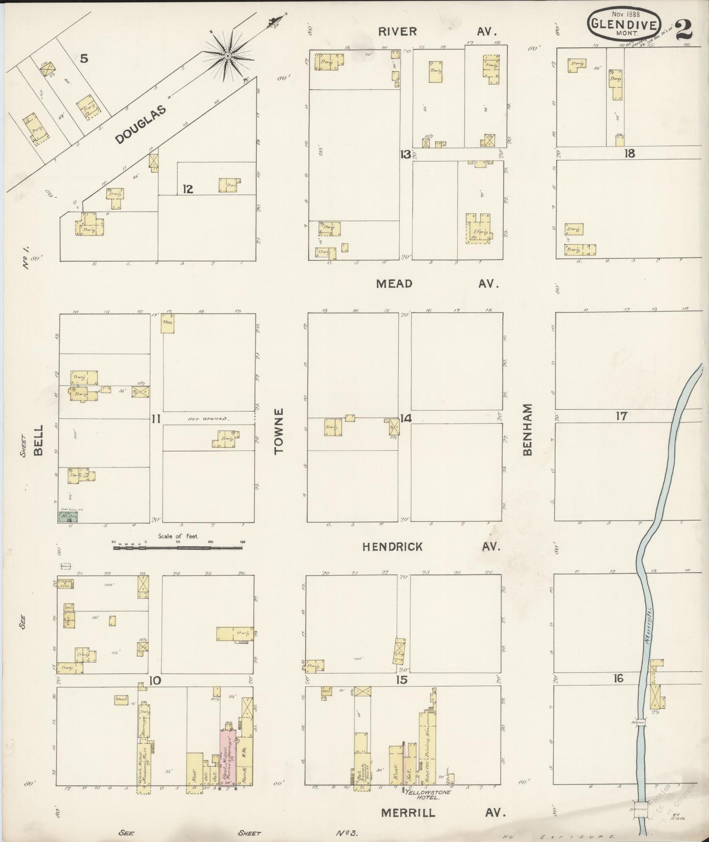 Sanborn Fire Insurance Map from Glendive, Dawson County, Montana (1888), Sheet #0002 - Historic Sanborn Fire Insurance Map Print, vintage old map wall art, antique decor, genealogy gift, Montana Montana map
