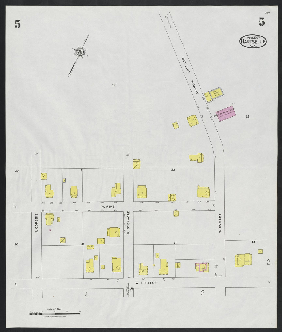 Sanborn Fire Insurance Map from Hartselle, Morgan County, Alabama (1927), Sheet #0005 - Historic Sanborn Fire Insurance Map Print, vintage old map wall art, antique decor, genealogy gift, Alabama Alabama map