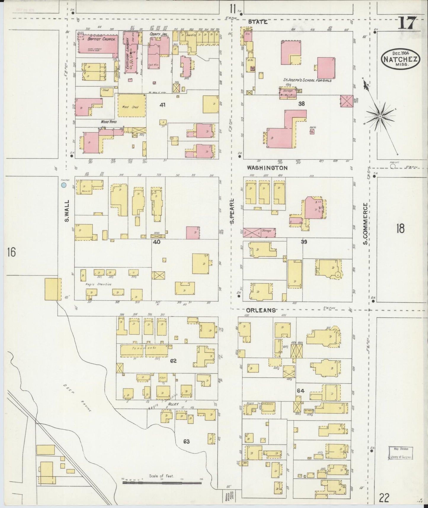 Sanborn Fire Insurance Map from Natchez, Adams County, Mississippi (1904), Sheet #0017 - Historic Sanborn Fire Insurance Map Print, vintage old map wall art, antique decor, genealogy gift, Mississippi Mississippi map