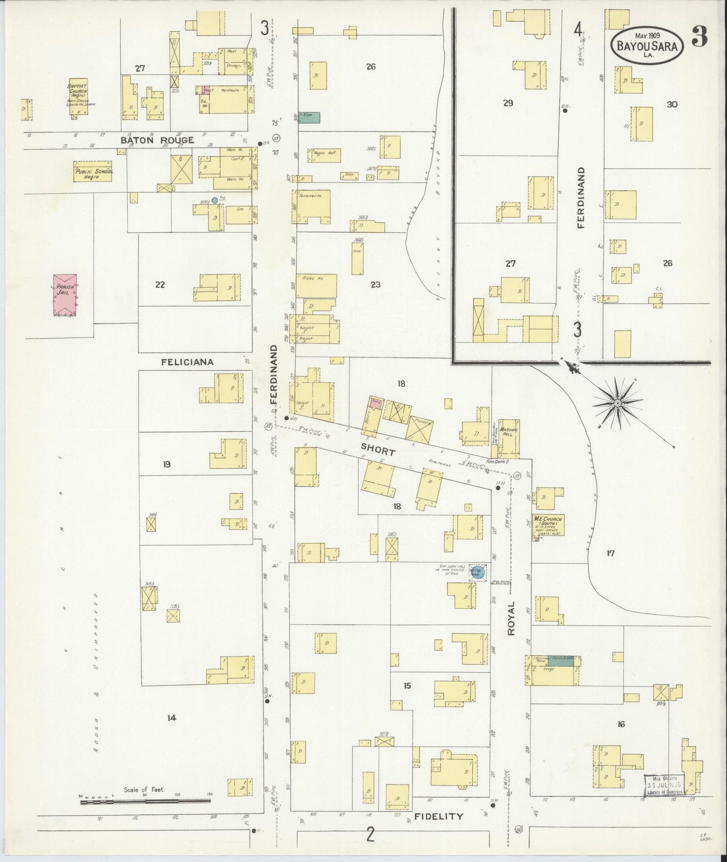 Sanborn Fire Insurance Map from Bayou Sara, West Feliciana Parish, Louisiana (1909), Sheet #0003 - Historic Sanborn Fire Insurance Map Print, vintage old map wall art, antique decor, genealogy gift, Louisiana Louisiana map