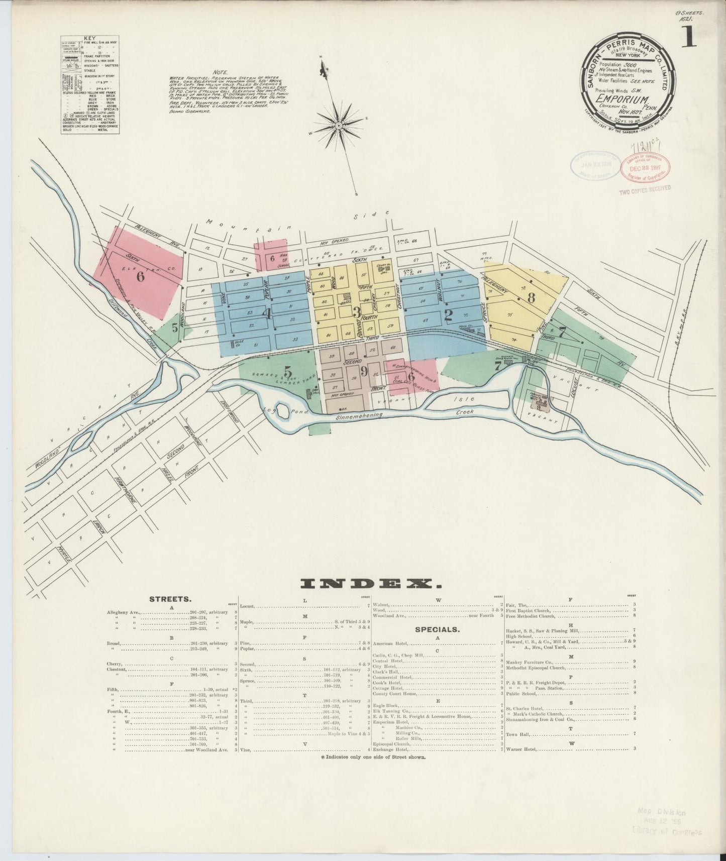 Sanborn Fire Insurance Map from Emporium, Cameron County, Pennsylvania (1897), Sheet #0001 - Historic Sanborn Fire Insurance Map Print, vintage old map wall art, antique decor, genealogy gift, Pennsylvania Pennsylvania map