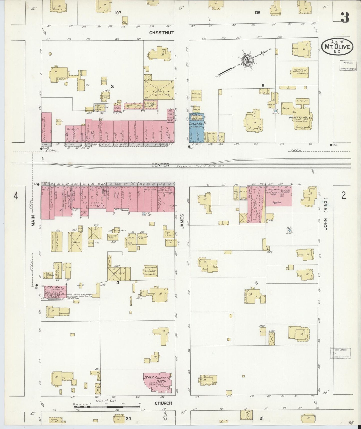 Sanborn Fire Insurance Map from Mount Olive, Wayne County, North Carolina (1912), Sheet #0003 - Historic Sanborn Fire Insurance Map Print, vintage old map wall art, antique decor, genealogy gift, North Carolina North Carolina map
