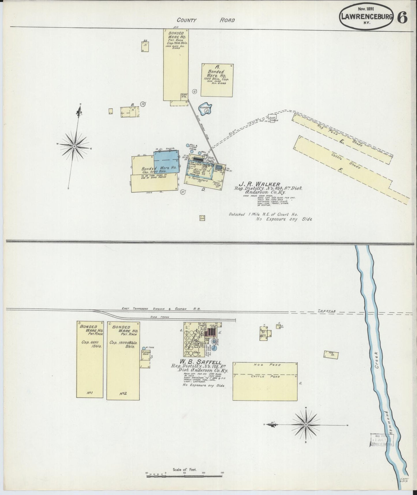 Sanborn Fire Insurance Map from Lawrenceburg, Anderson County, Kentucky (1891), Sheet #0006 - Historic Sanborn Fire Insurance Map Print, vintage old map wall art, antique decor, genealogy gift, Kentucky Kentucky map