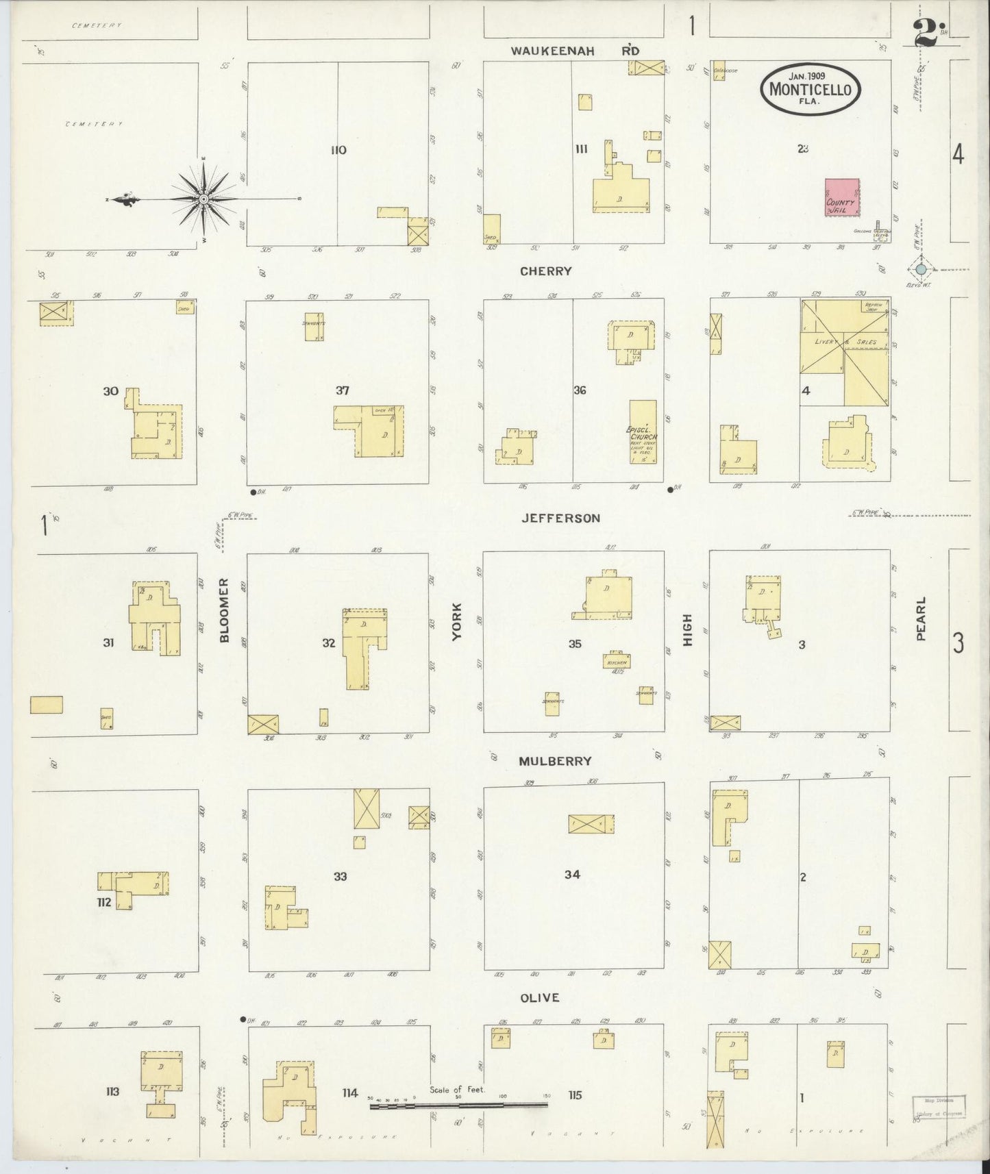 Sanborn Fire Insurance Map from Monticello, Jefferson County, Florida (1909), Sheet #0002 - Historic Sanborn Fire Insurance Map Print, vintage old map wall art, antique decor, genealogy gift, Florida Florida map