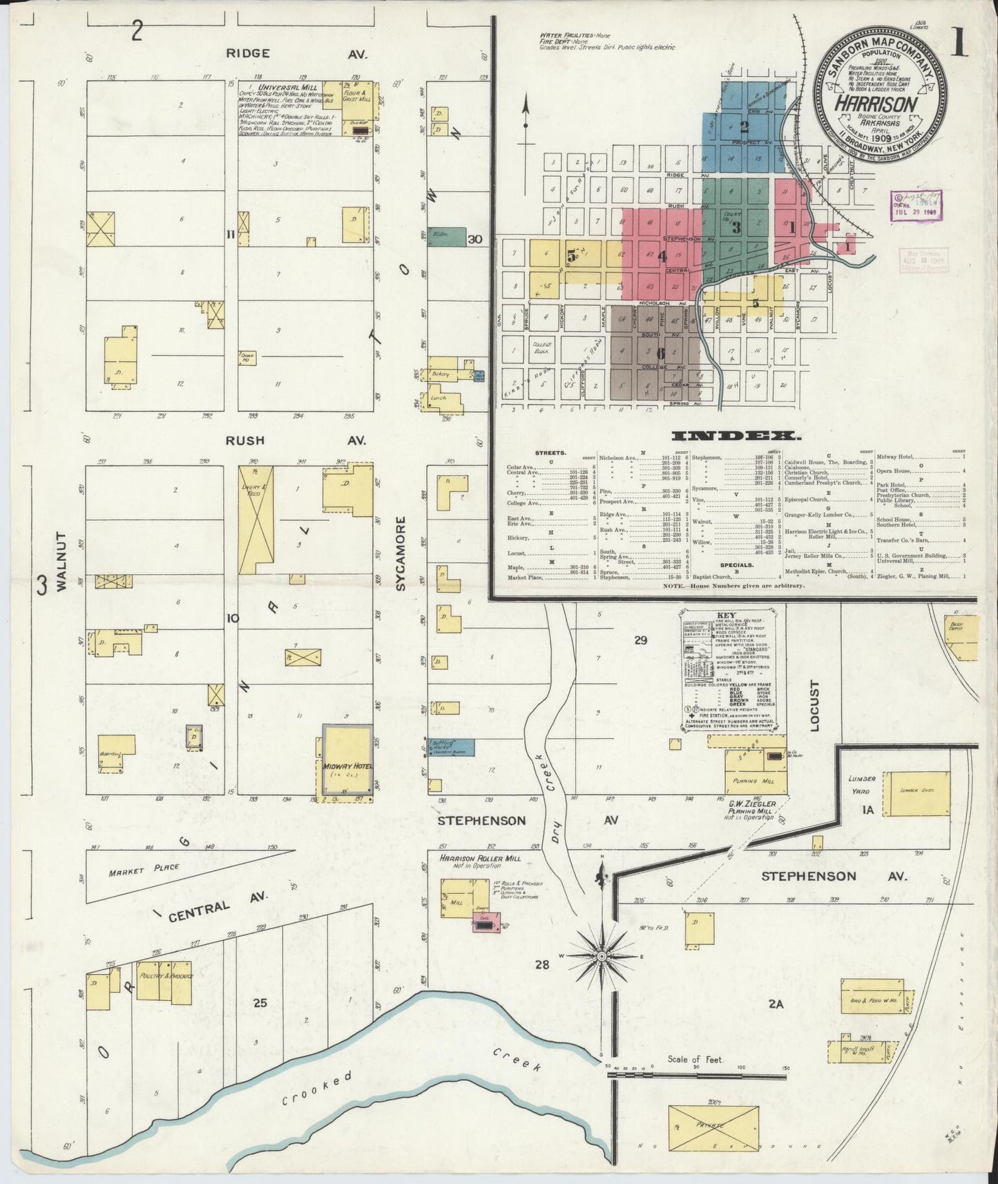 Sanborn Fire Insurance Map from Harrison, Boone County, Arkansas (1909), Sheet #0001 - Historic Sanborn Fire Insurance Map Print, vintage old map wall art, antique decor, genealogy gift, Arkansas Arkansas map