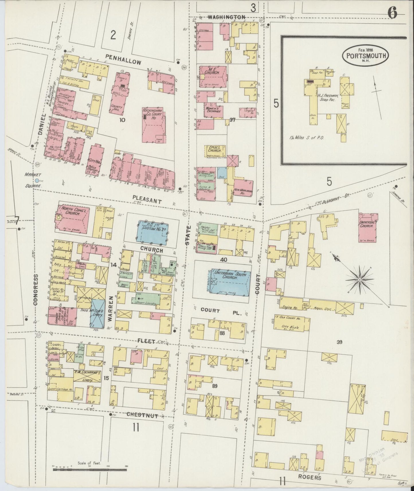 Sanborn Fire Insurance Map from Portsmouth, Rockingham County, New Hampshire (1898), Sheet #0006 - Historic Sanborn Fire Insurance Map Print, vintage old map wall art, antique decor, genealogy gift, New Hampshire New Hampshire map