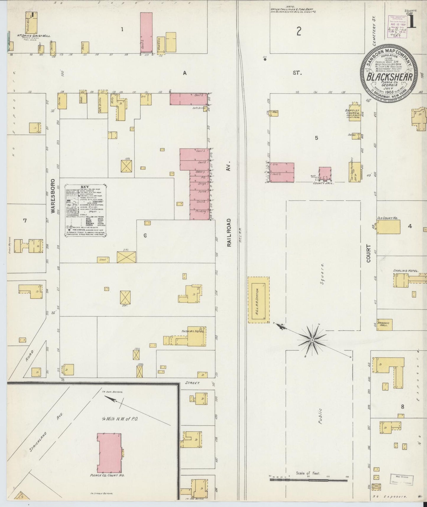Sanborn Fire Insurance Map from Blackshear, Pierce County, Georgia (1903), Sheet #0001 - Historic Sanborn Fire Insurance Map Print, vintage old map wall art, antique decor, genealogy gift, Georgia Georgia map