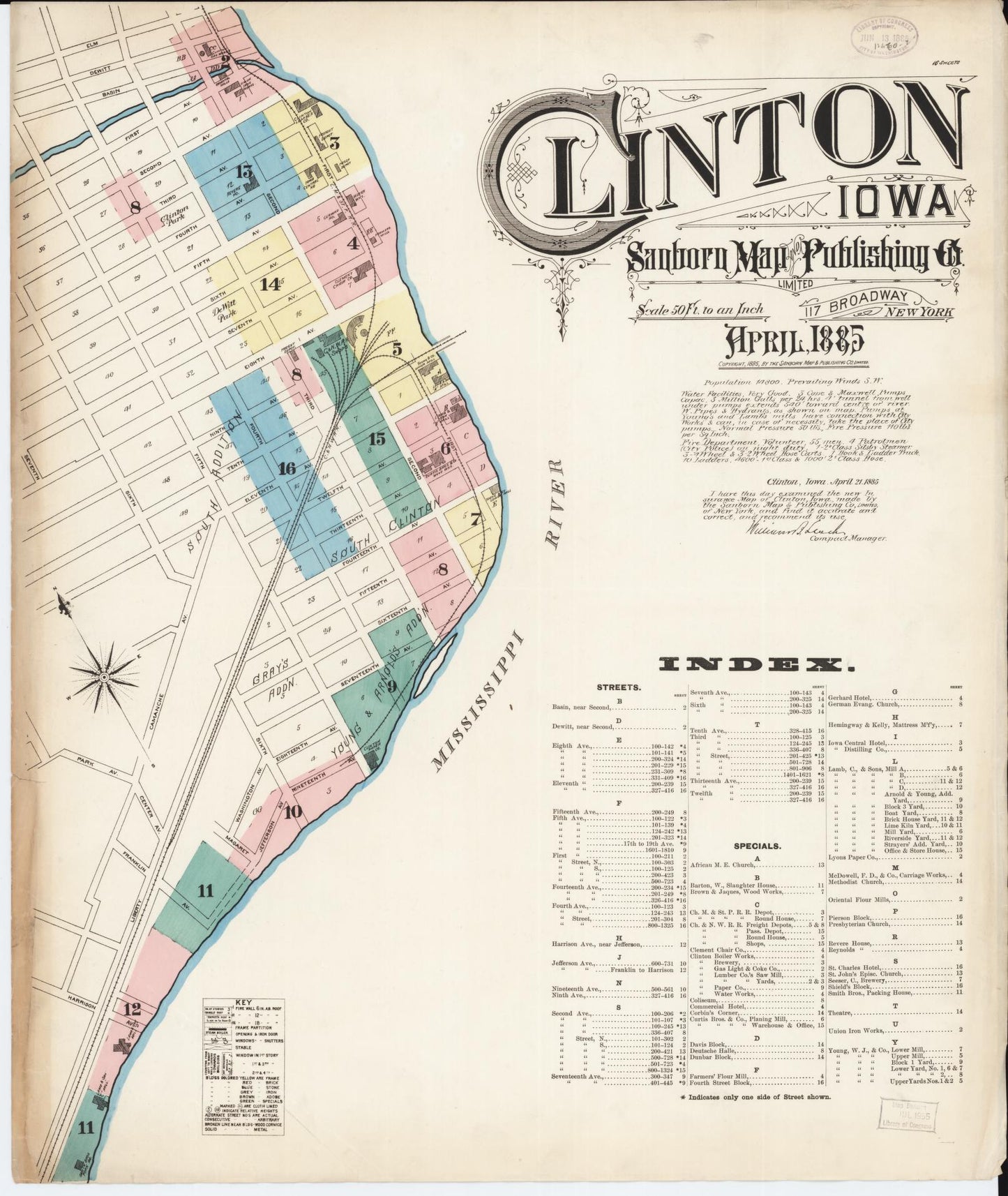 Sanborn Fire Insurance Map from Clinton, Clinton County, Iowa (1885), Sheet #0001 - Historic Sanborn Fire Insurance Map Print, vintage old map wall art