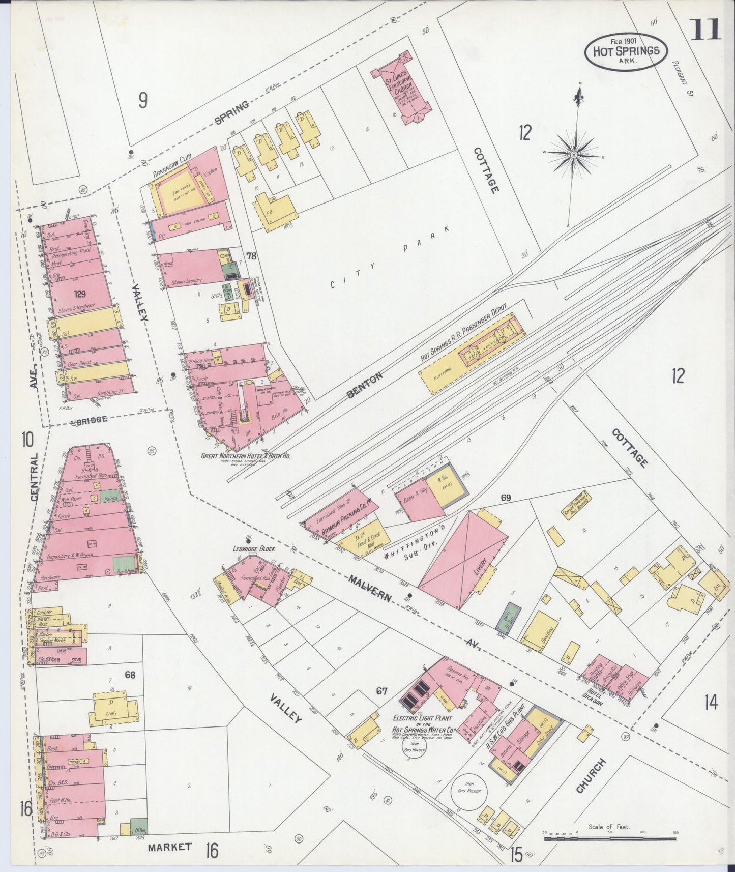 Sanborn Fire Insurance Map from Hot Springs, Garland County, Arkansas (1901), Sheet #0011 - Historic Sanborn Fire Insurance Map Print, vintage old map wall art, antique decor, genealogy gift, Arkansas Arkansas map
