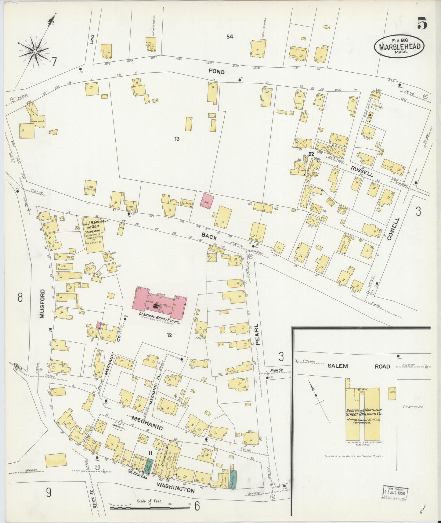 Sanborn Fire Insurance Map from Marblehead, Essex County, Massachusetts (1908), Sheet #0005 - Historic Sanborn Fire Insurance Map Print, vintage old map wall art, antique decor, genealogy gift, Massachusetts Massachusetts map