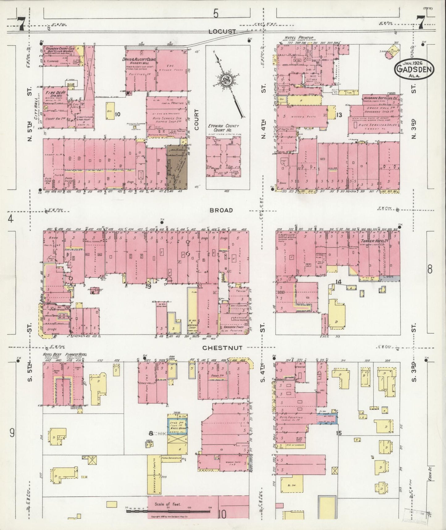 Sanborn Fire Insurance Map from Gadsden, Etowah County, Alabama (1926), Sheet #0007 - Historic Sanborn Fire Insurance Map Print, vintage old map wall art, antique decor, genealogy gift, Alabama Alabama map