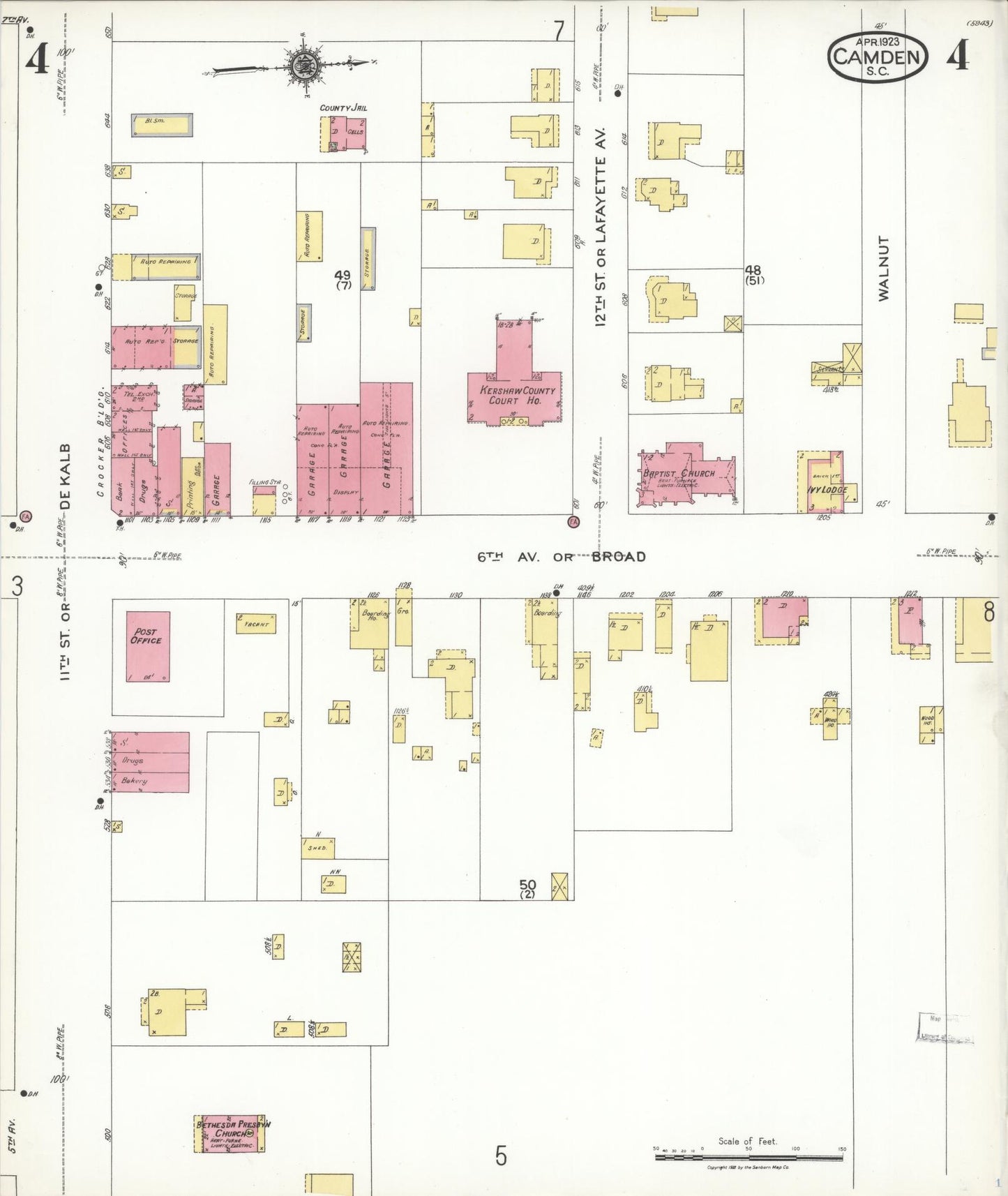Sanborn Fire Insurance Map from Camden, Kershaw County, South Carolina (1923), Sheet #0004 - Historic Sanborn Fire Insurance Map Print, vintage old map wall art, antique decor, genealogy gift, South Carolina South Carolina map