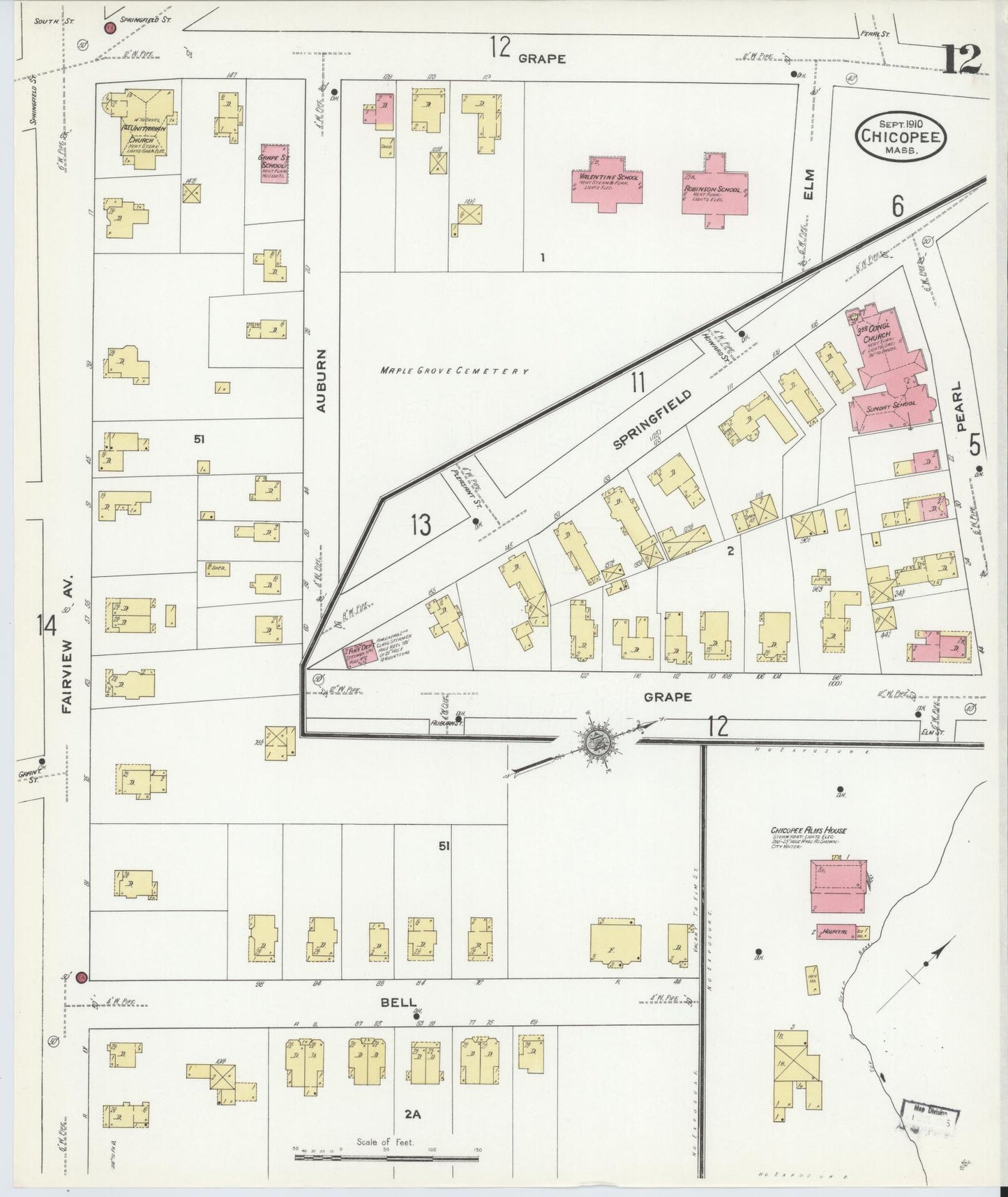 Sanborn Fire Insurance Map from Chicopee, Hampden County, Massachusetts (1910), Sheet #0012 - Historic Sanborn Fire Insurance Map Print, vintage old map wall art, antique decor, genealogy gift, Massachusetts Massachusetts map