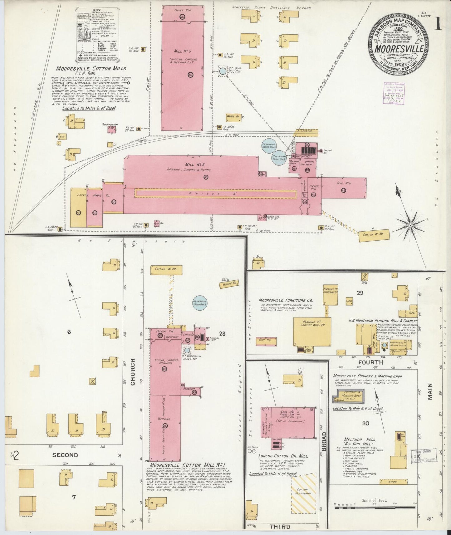Sanborn Fire Insurance Map from Mooresville, Iredell County, North Carolina (1908), Sheet #0001 - Historic Sanborn Fire Insurance Map Print, vintage old map wall art, antique decor, genealogy gift, North Carolina North Carolina map