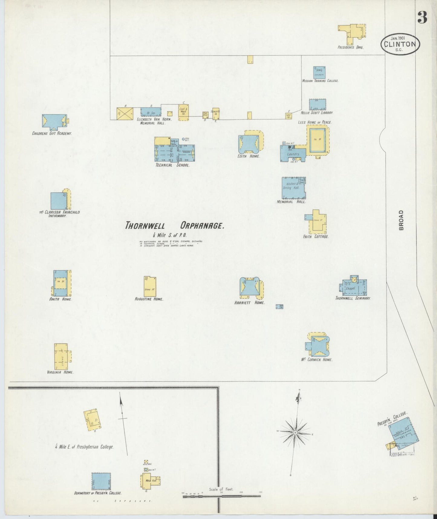 Sanborn Fire Insurance Map from Clinton, Laurens County, South Carolina (1901), Sheet #0003 - Complete Map Set gallery image, historic Sanborn map, vintage wall art, South Carolina South Carolina
