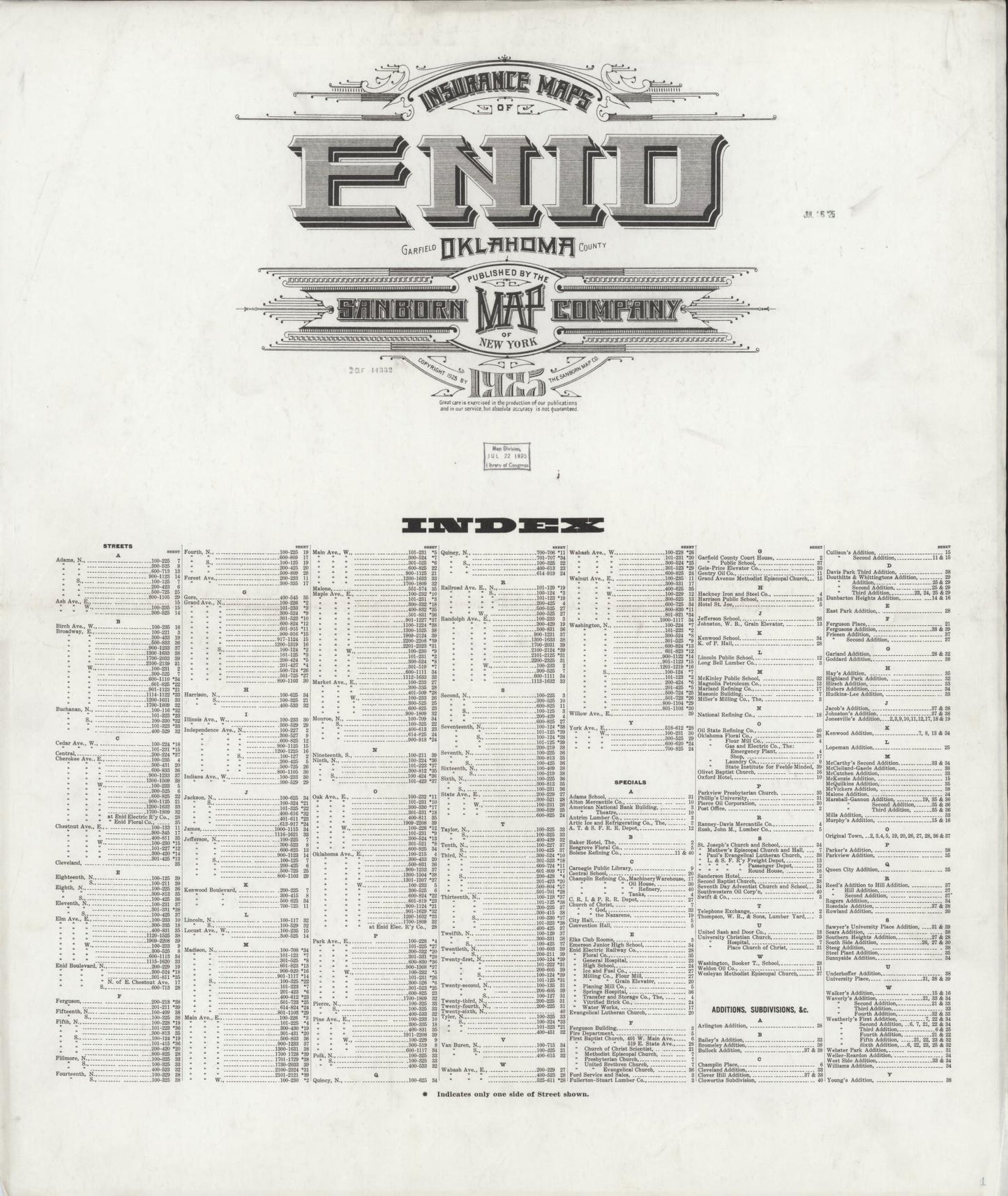 Sanborn Fire Insurance Map from Enid, Garfield County, Oklahoma (1925), Sheet #0001 - Historic Sanborn Fire Insurance Map Print, vintage old map wall art, antique decor, genealogy gift, Oklahoma Oklahoma map