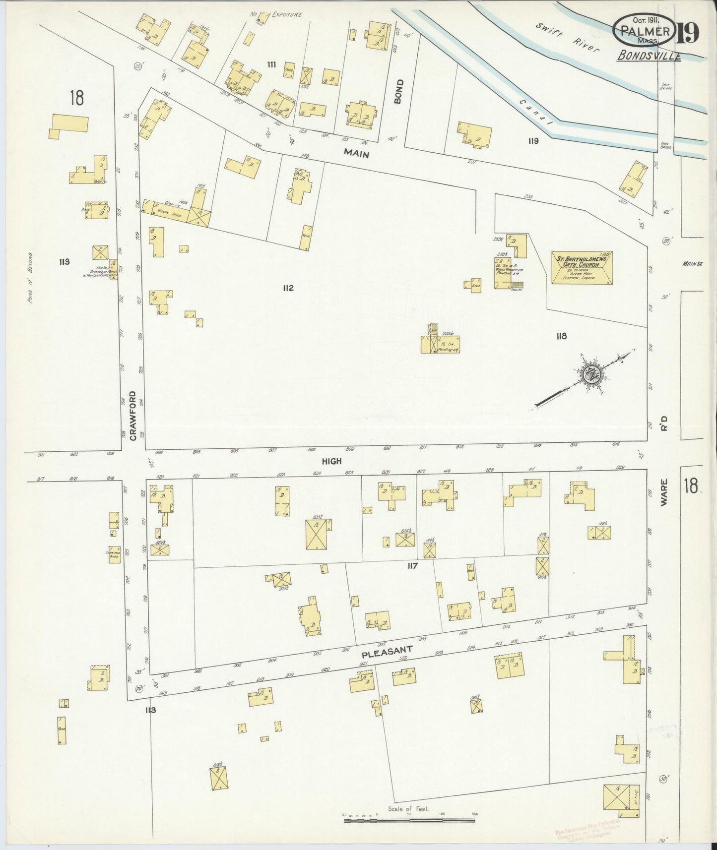 Sanborn Fire Insurance Map from Palmer, Hampden County, Massachusetts (1911), Sheet #0019 - Historic Sanborn Fire Insurance Map Print, vintage old map wall art, antique decor, genealogy gift, Massachusetts Massachusetts map