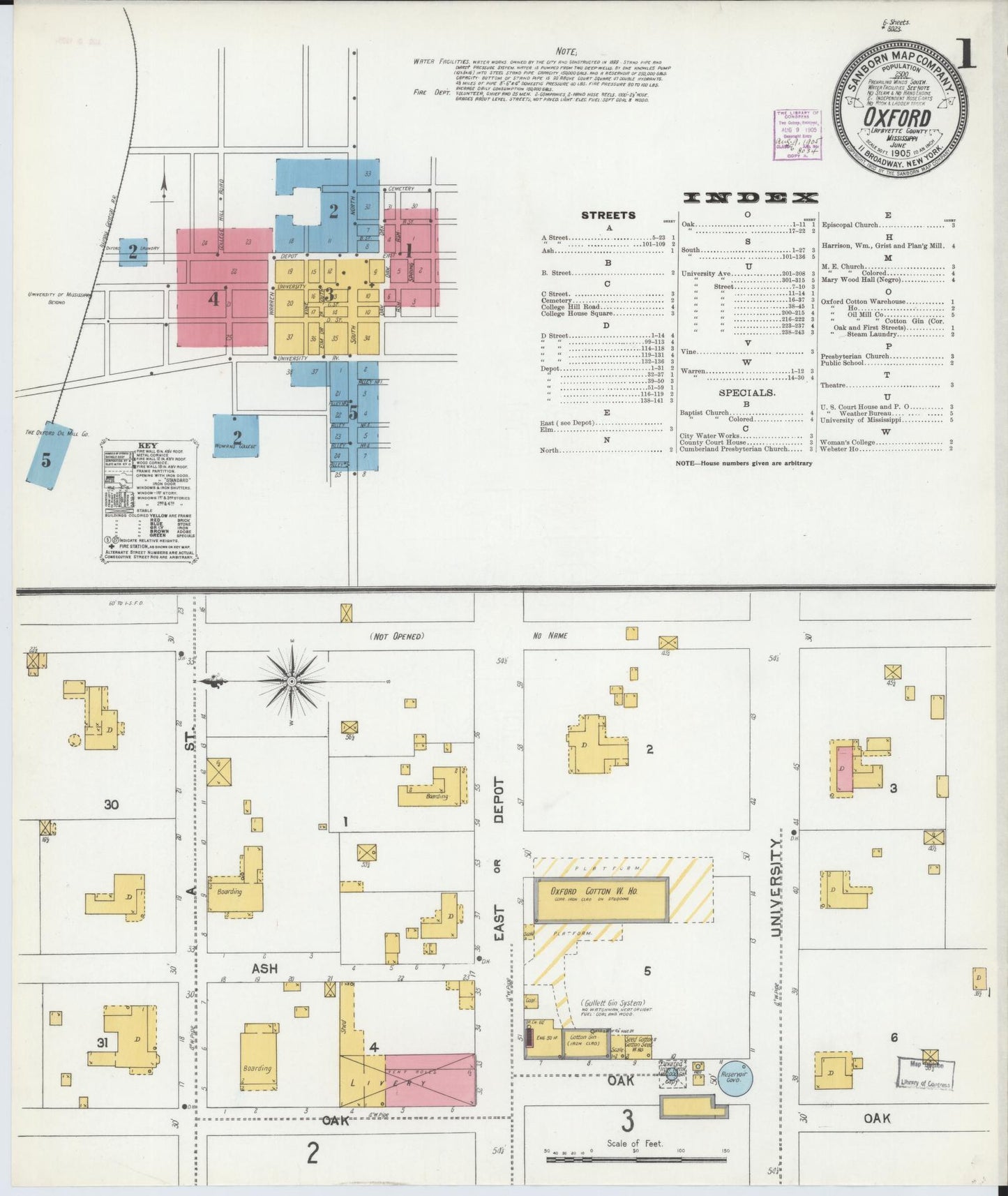 Sanborn Fire Insurance Map from Oxford, Lafayette County, Mississippi (1905), Sheet #0001 - Historic Sanborn Fire Insurance Map Print, vintage old map wall art, antique decor, genealogy gift, Mississippi Mississippi map
