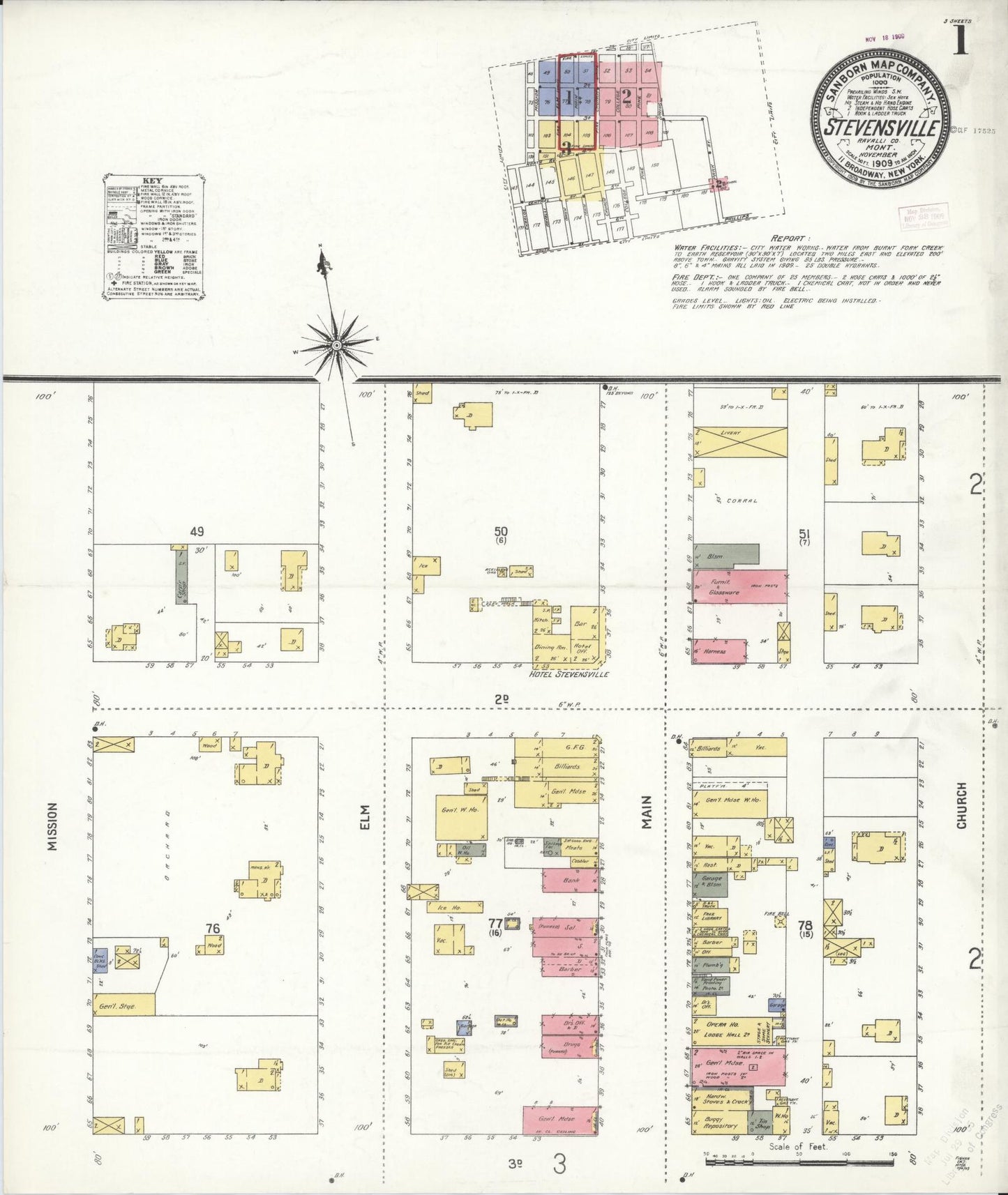 Sanborn Fire Insurance Map from Stevensville, Ravalli County, Montana (1909), Sheet #0001 - Historic Sanborn Fire Insurance Map Print, vintage old map wall art, antique decor, genealogy gift, Montana Montana map