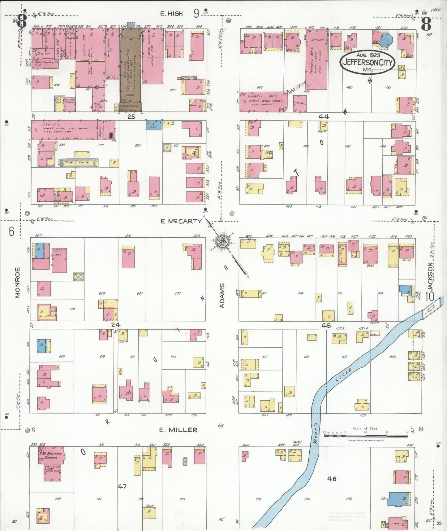 Sanborn Fire Insurance Map from Jefferson City, Cole County, Missouri (1923), Sheet #0008 - Historic Sanborn Fire Insurance Map Print, vintage old map wall art, antique decor, genealogy gift, Missouri Missouri map