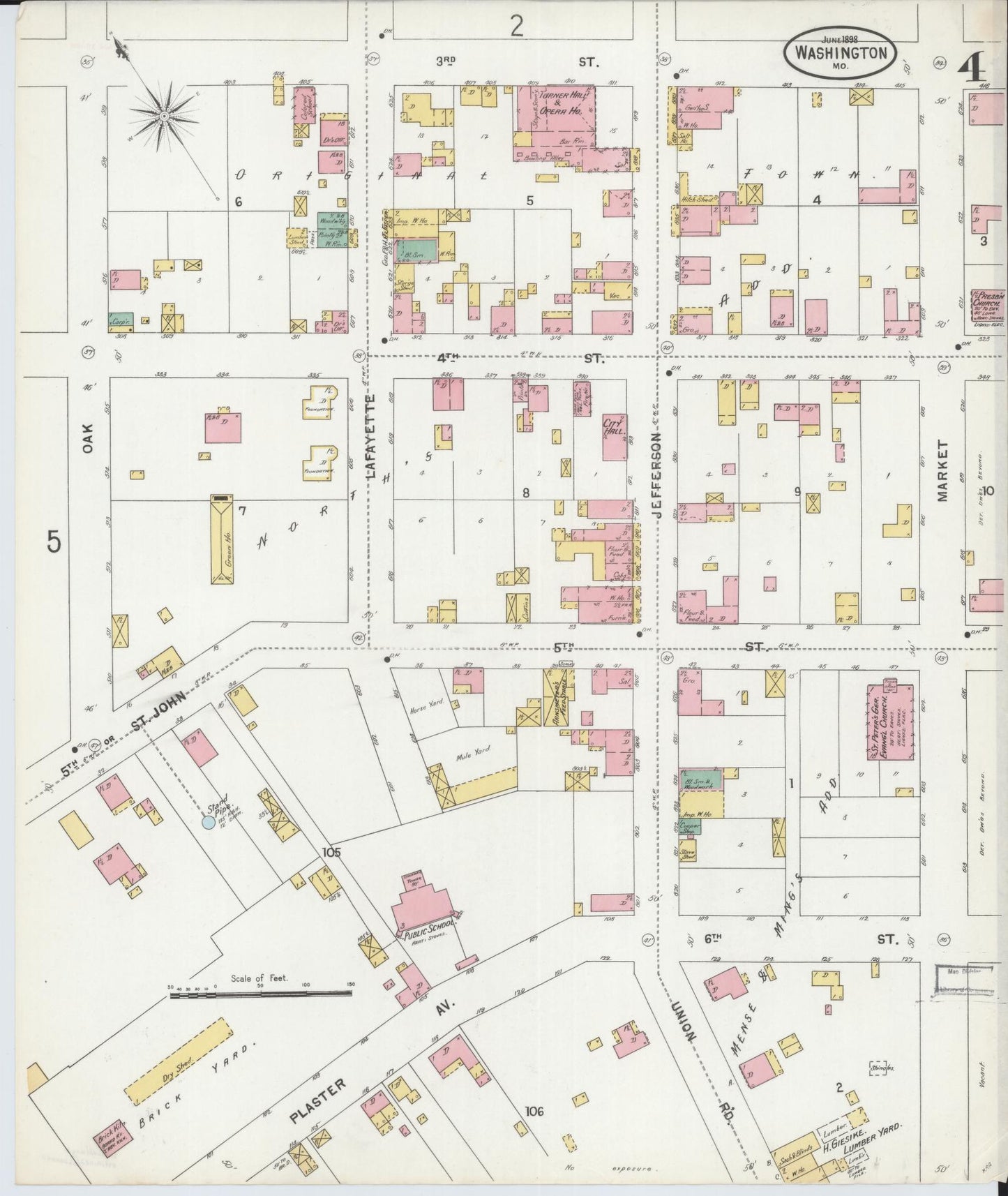 Sanborn Fire Insurance Map from Washington, Franklin County, Missouri (1898), Sheet #0004 - Historic Sanborn Fire Insurance Map Print, vintage old map wall art, antique decor, genealogy gift, Washington Washington map