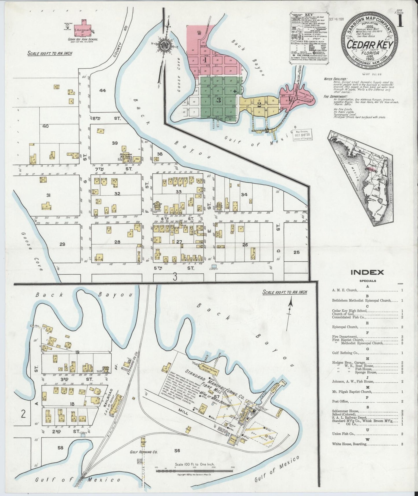 Sanborn Fire Insurance Map from Cedar Key, Levy County, Florida (1920), Sheet #0001 - Historic Sanborn Fire Insurance Map Print, vintage old map wall art, antique decor, genealogy gift, Florida Florida map