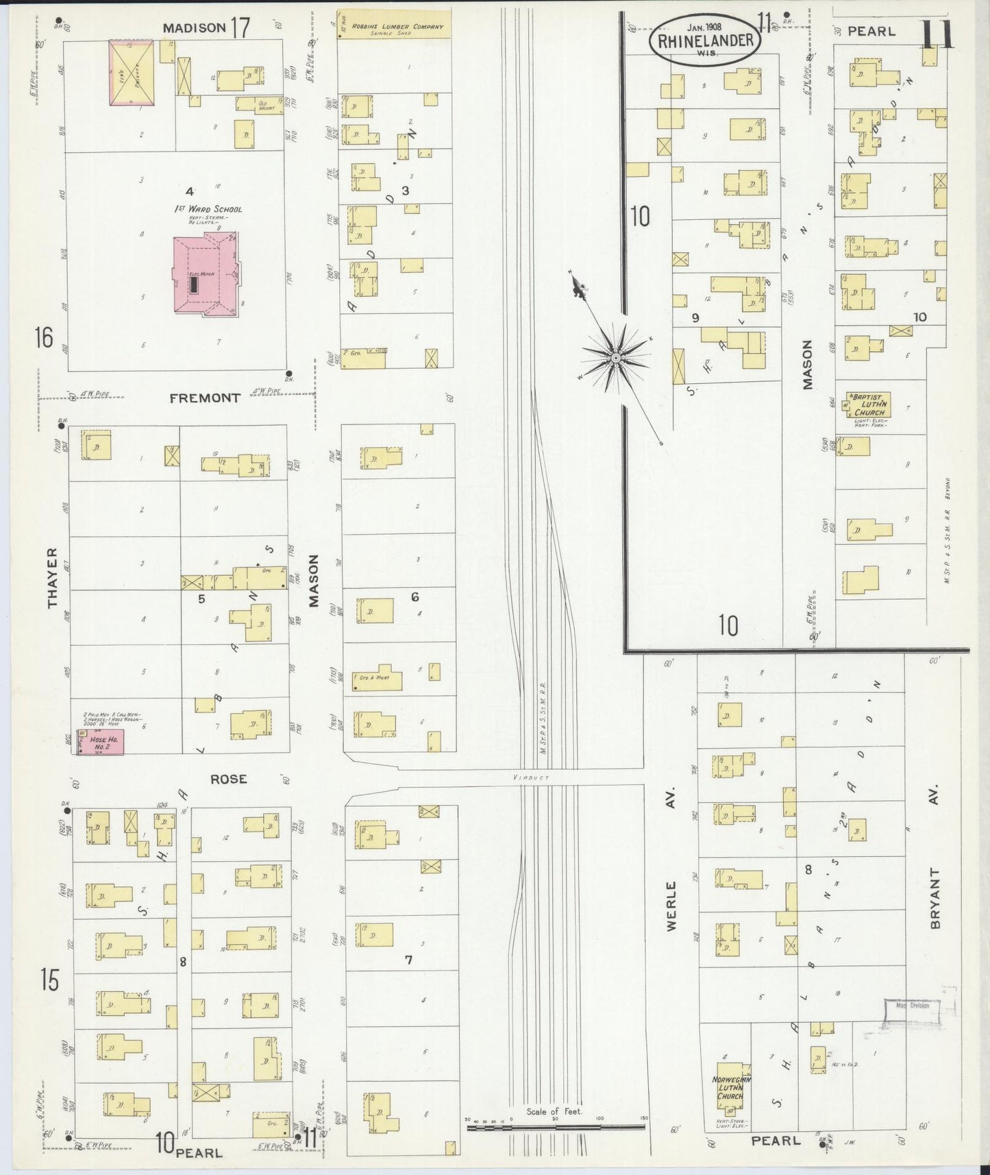 Sanborn Fire Insurance Map from Rhinelander, Oneida County, Wisconsin (1908), Sheet #0011 - Historic Sanborn Fire Insurance Map Print, vintage old map wall art, antique decor, genealogy gift, Wisconsin Wisconsin map