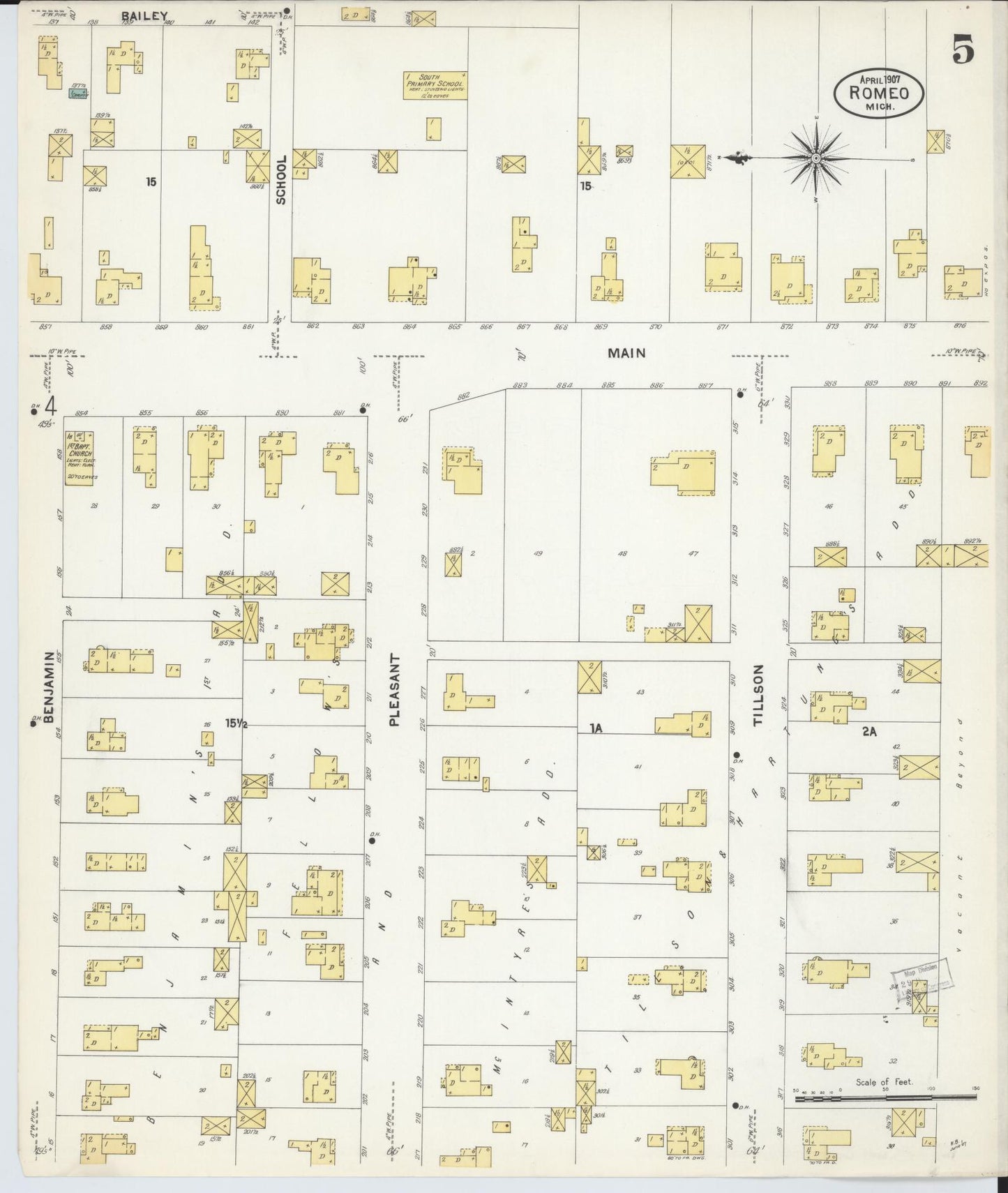 Sanborn Fire Insurance Map from Romeo, Macomb County, Michigan (1907), Sheet #0005 - Complete Map Set gallery image, historic Sanborn map, vintage wall art, Michigan Michigan