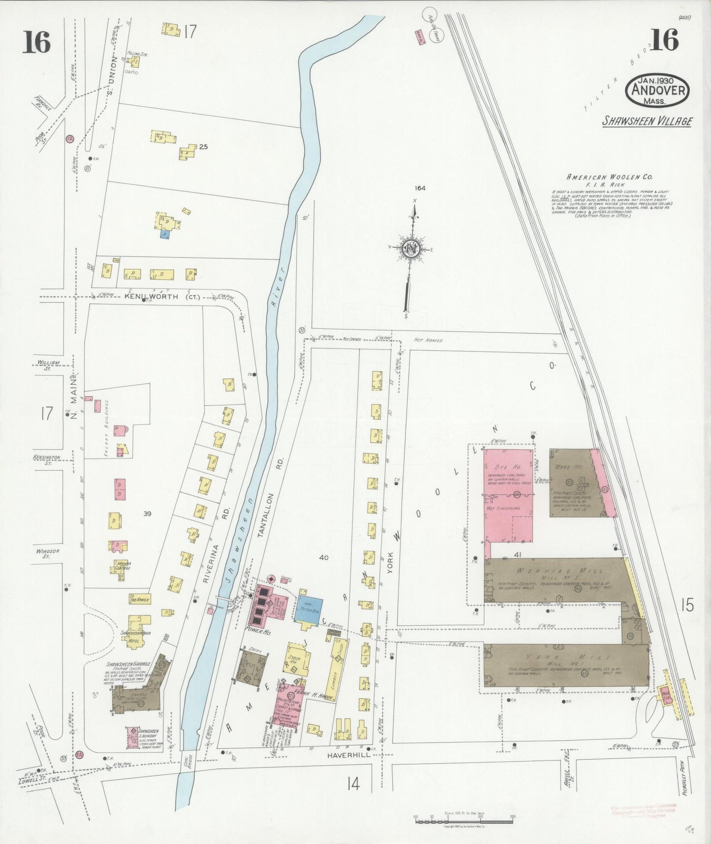 Sanborn Fire Insurance Map from Andover, Essex County, Massachusetts (1930), Sheet #0016 - Historic Sanborn Fire Insurance Map Print, vintage old map wall art, antique decor, genealogy gift, Massachusetts Massachusetts map