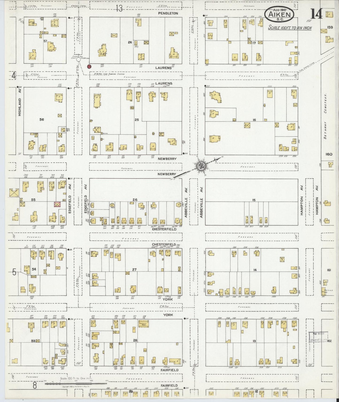 Sanborn Fire Insurance Map from Aiken, Aiken County, South Carolina (1918), Sheet #0014 - Historic Sanborn Fire Insurance Map Print, vintage old map wall art, antique decor, genealogy gift, South Carolina South Carolina map