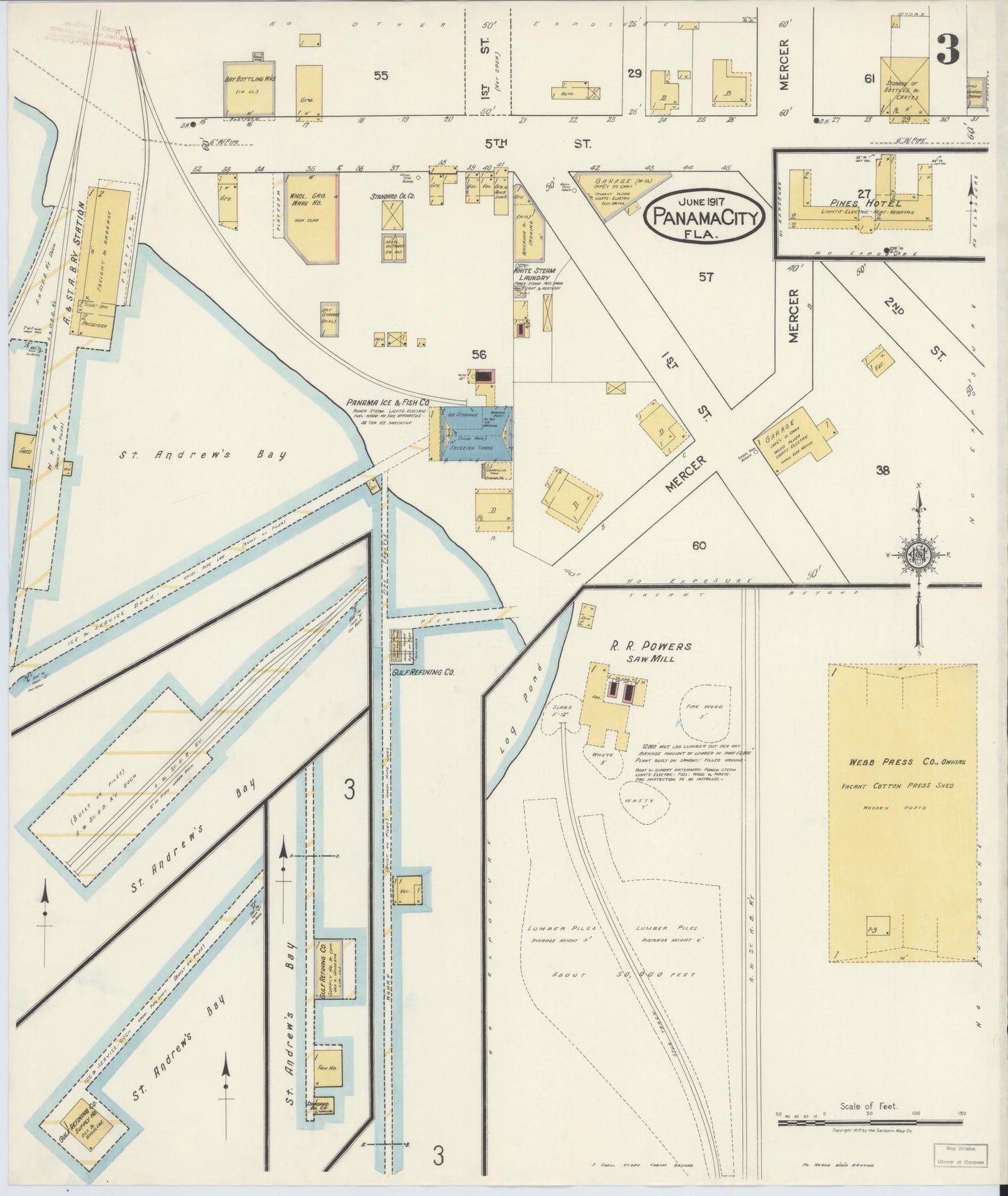 Sanborn Fire Insurance Map from Panama City, Bay County, Florida (1917), Sheet #0003 - Historic Sanborn Fire Insurance Map Print, vintage old map wall art, antique decor, genealogy gift, Florida Florida map