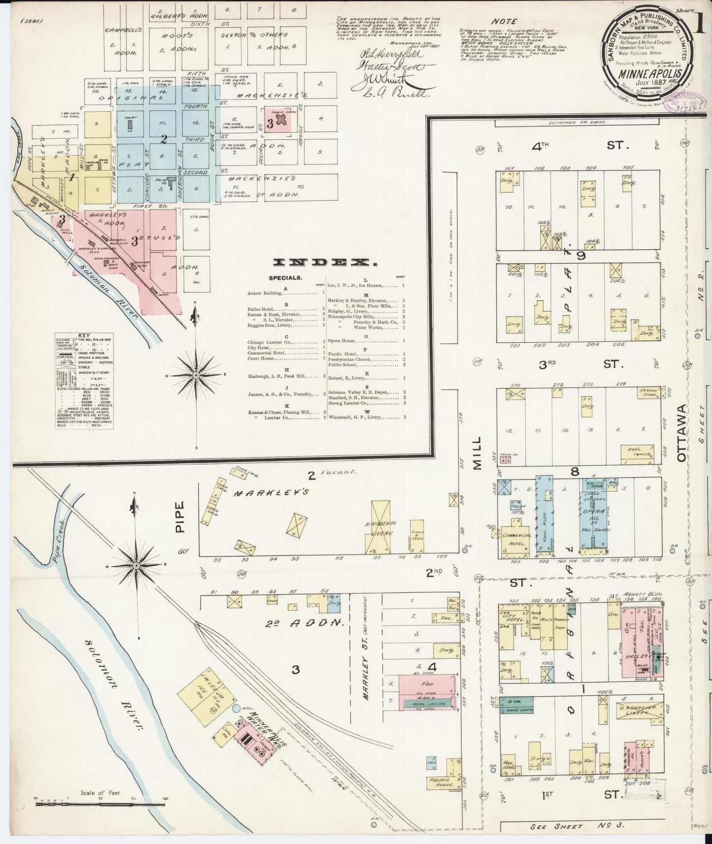 Sanborn Fire Insurance Map from Minneapolis, Ottawa County, Kansas (1887), Sheet #0001 - Historic Sanborn Fire Insurance Map Print, vintage old map wall art, antique decor, genealogy gift, Kansas Kansas map