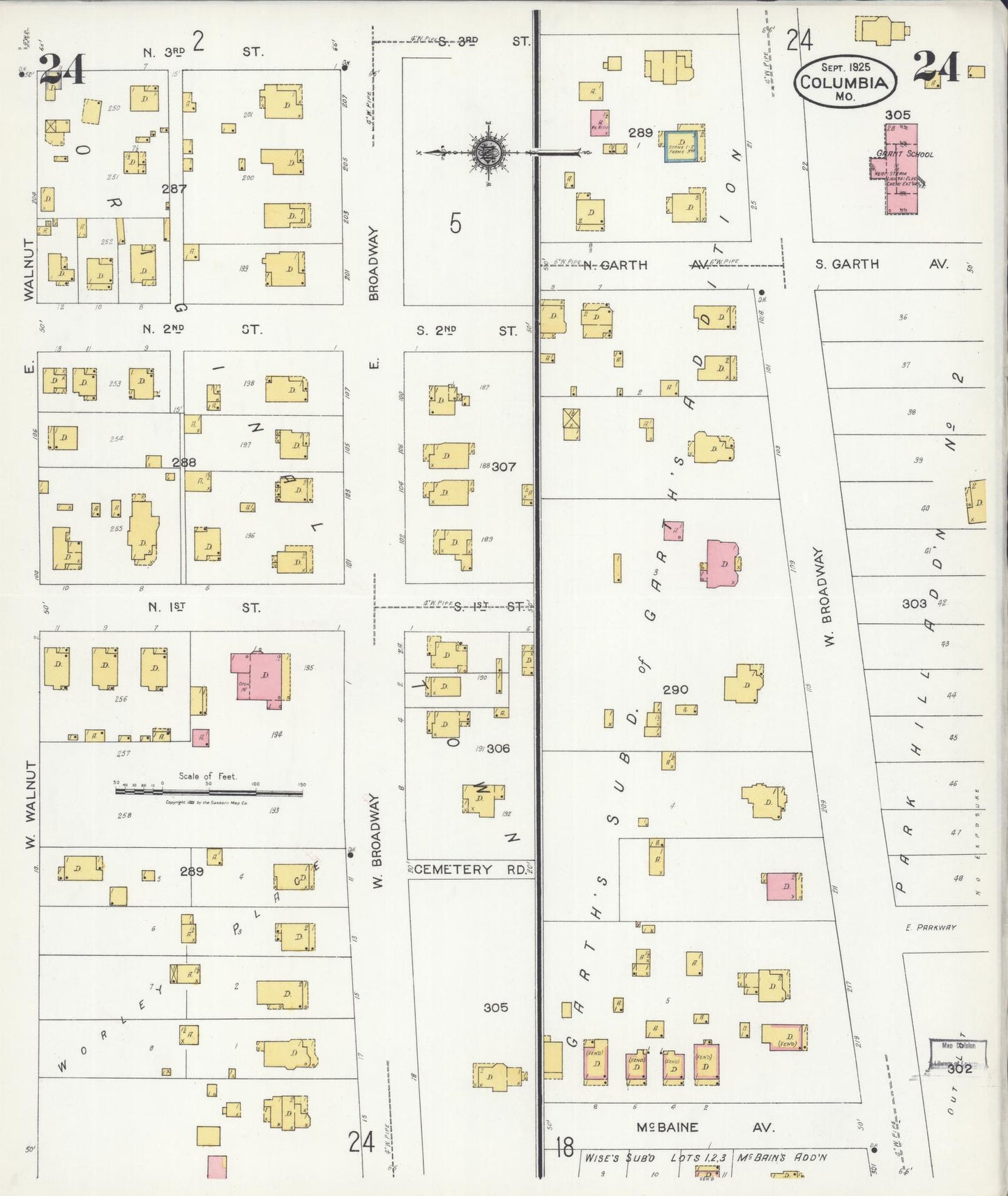 Sanborn Fire Insurance Map from Columbia, Boone County, Missouri (1925), Sheet #0024 - Complete Map Set gallery image, historic Sanborn map, vintage wall art, Missouri Missouri