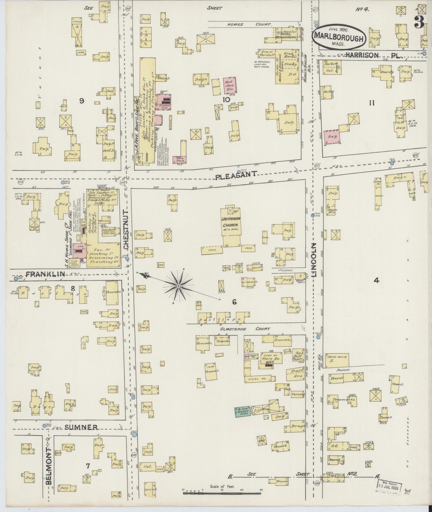 Sanborn Fire Insurance Map from Marlborough, Middlesex County, Massachusetts (1890), Sheet #0003 - Historic Sanborn Fire Insurance Map Print, vintage old map wall art, antique decor, genealogy gift, Massachusetts Massachusetts map