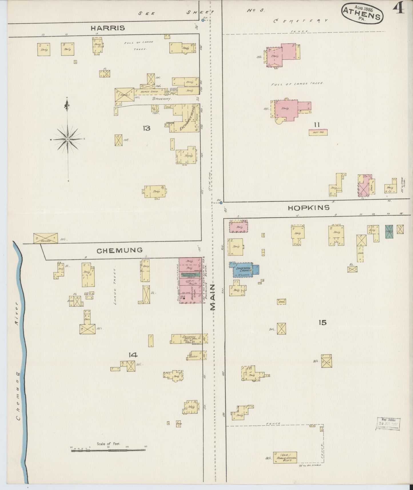 Sanborn Fire Insurance Map from Athens, Bradford County, Pennsylvania (1885), Sheet #0004 - Historic Sanborn Fire Insurance Map Print, vintage old map wall art, antique decor, genealogy gift, Pennsylvania Pennsylvania map