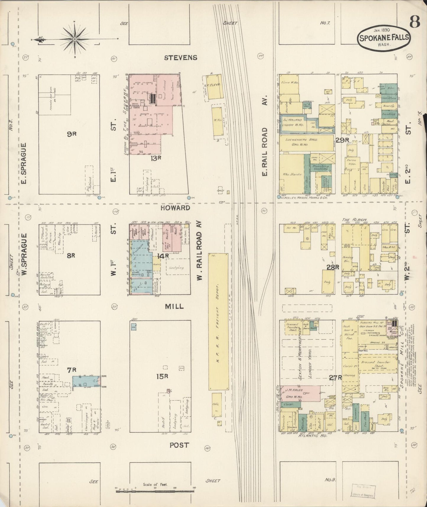 Sanborn Fire Insurance Map from Spokane, Spokane County, Washington (1890), Sheet #0008 - Historic Sanborn Fire Insurance Map Print, vintage old map wall art, antique decor, genealogy gift, Washington Washington map
