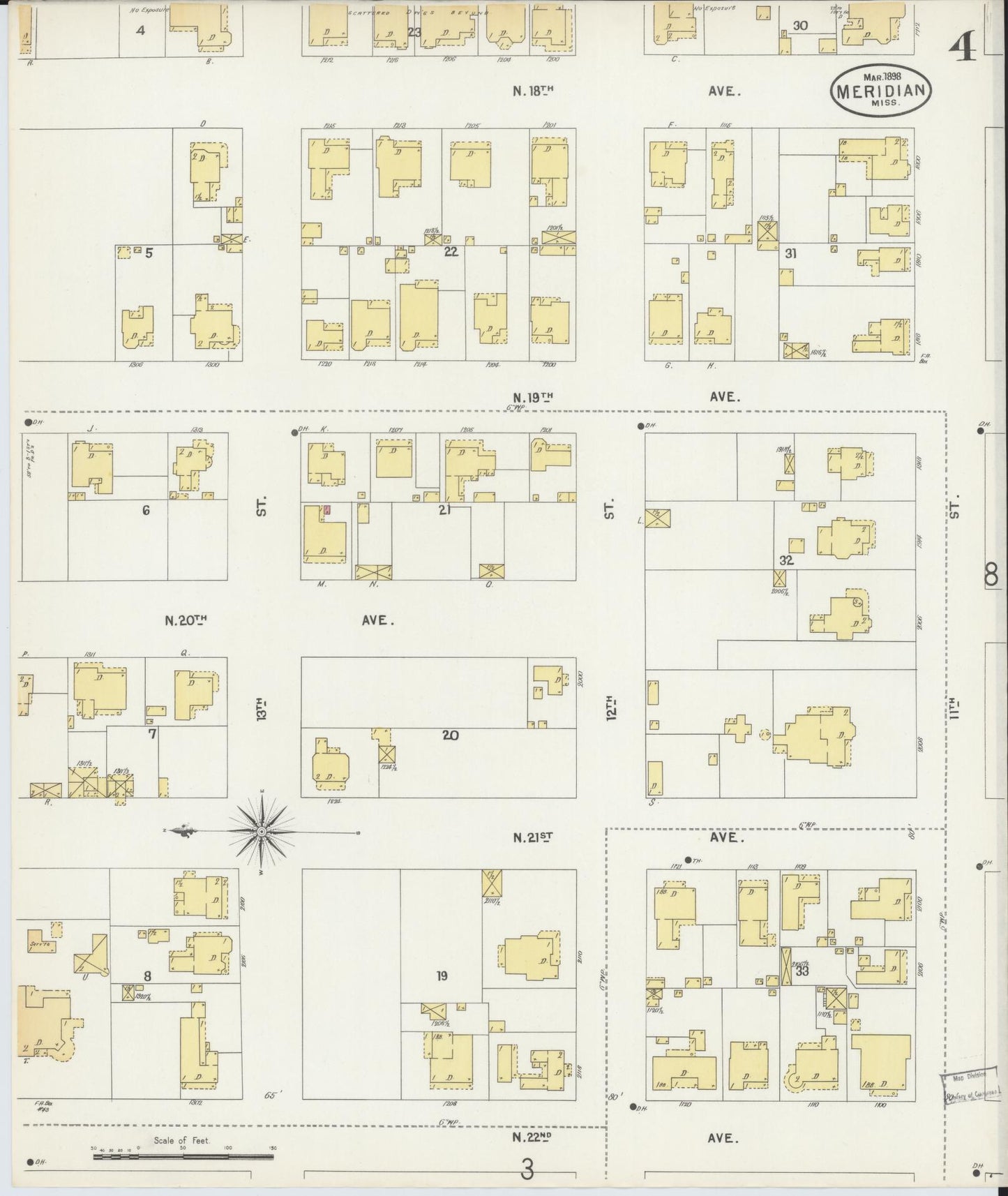 Sanborn Fire Insurance Map from Meridian, Lauderdale County, Mississippi (1898), Sheet #0004 - Historic Sanborn Fire Insurance Map Print, vintage old map wall art, antique decor, genealogy gift, Mississippi Mississippi map