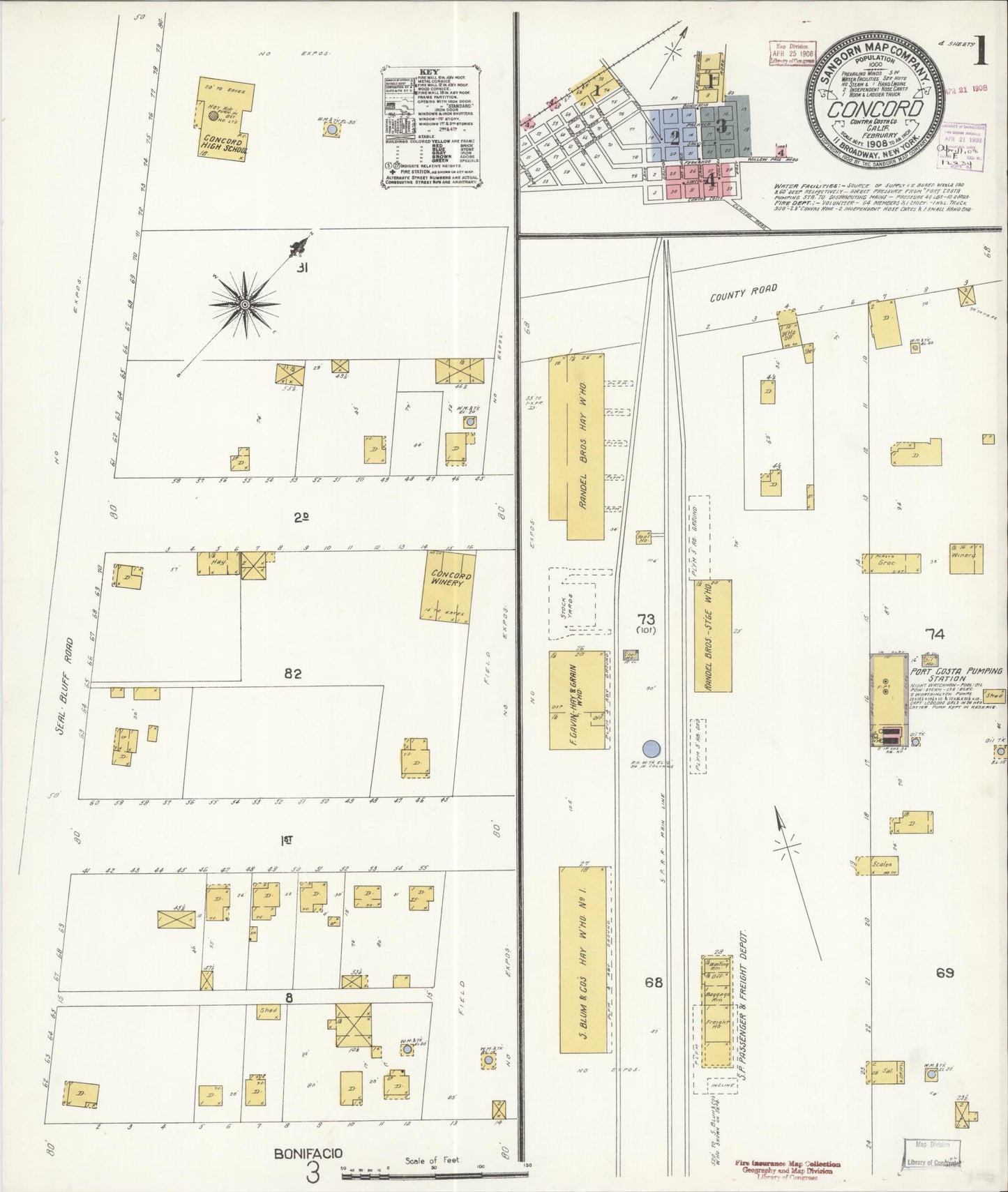 Sanborn Fire Insurance Map from Concord, Contra Costa County, California (1908), Sheet #0001 - Historic Sanborn Fire Insurance Map Print, vintage old map wall art, antique decor, genealogy gift, California California map