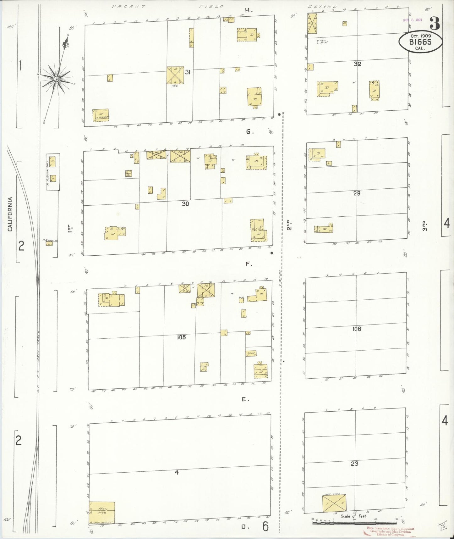Sanborn Fire Insurance Map from Biggs, Butte County, California (1909), Sheet #0003 - Historic Sanborn Fire Insurance Map Print, vintage old map wall art, antique decor, genealogy gift, California California map