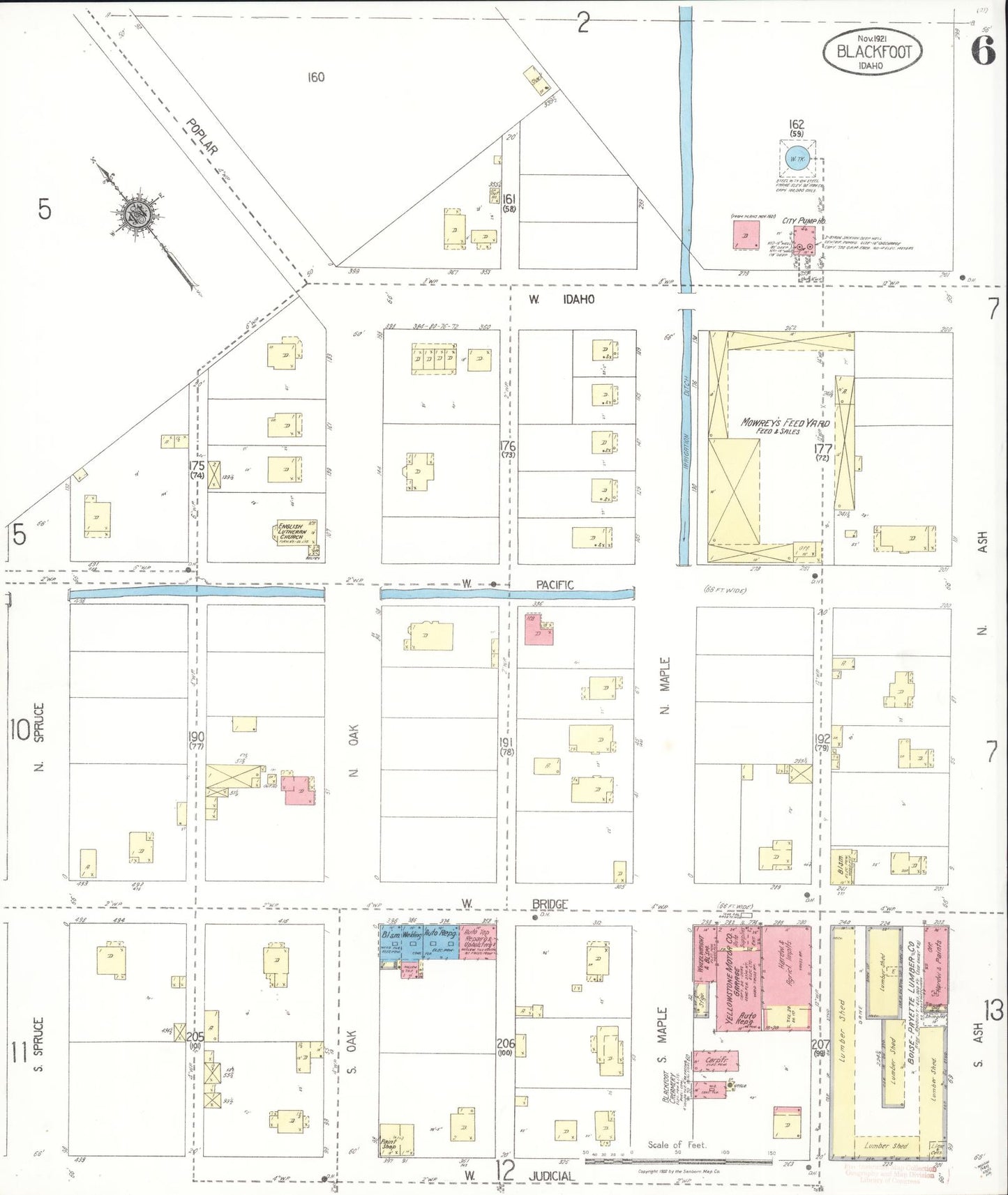 Sanborn Fire Insurance Map from Blackfoot, Bingham County, Idaho (1921), Sheet #0006 - Historic Sanborn Fire Insurance Map Print, vintage old map wall art, antique decor, genealogy gift, Idaho Idaho map