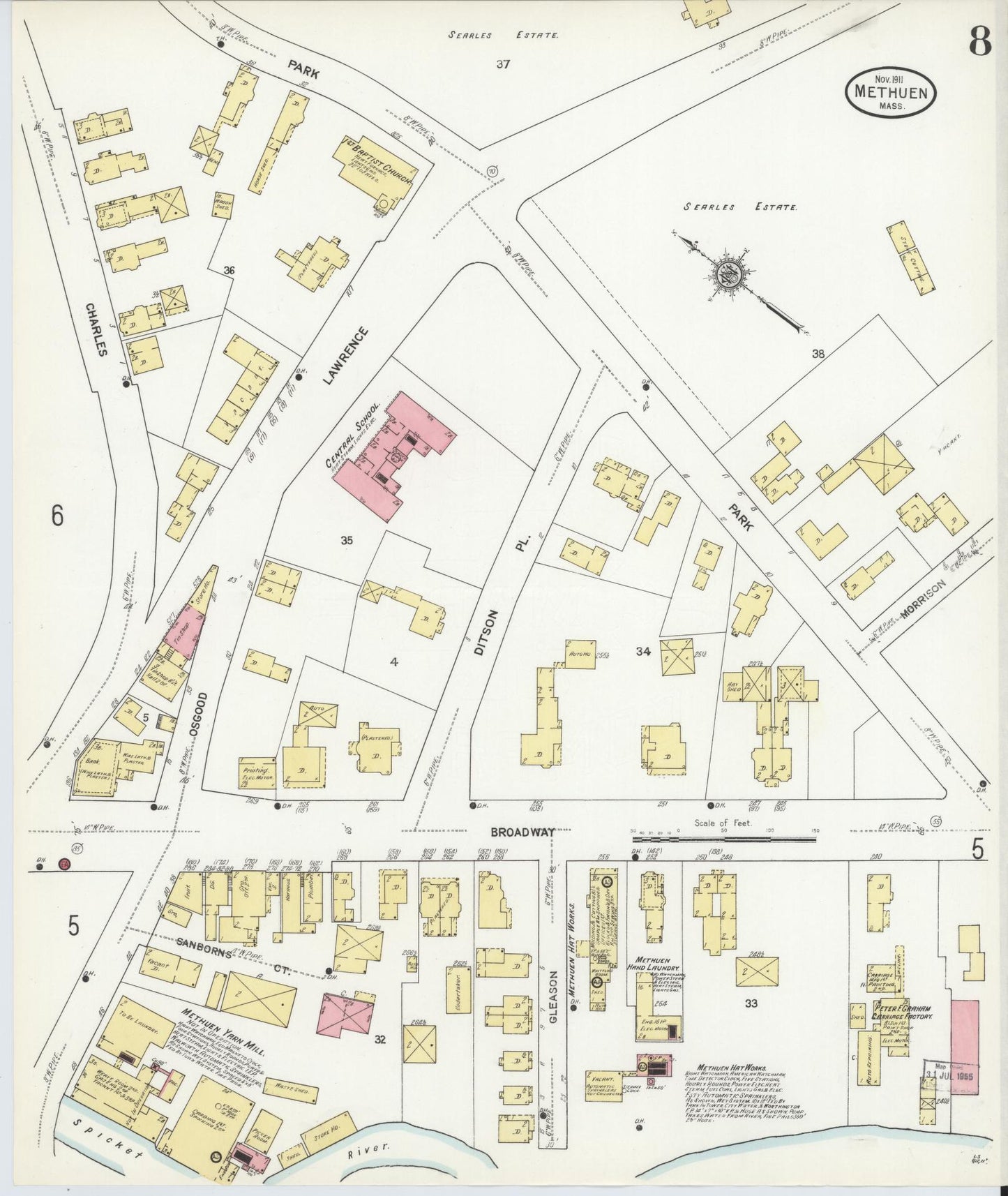 Sanborn Fire Insurance Map from Methuen, Essex County, Massachusetts (1911), Sheet #0008 - Historic Sanborn Fire Insurance Map Print, vintage old map wall art, antique decor, genealogy gift, Massachusetts Massachusetts map