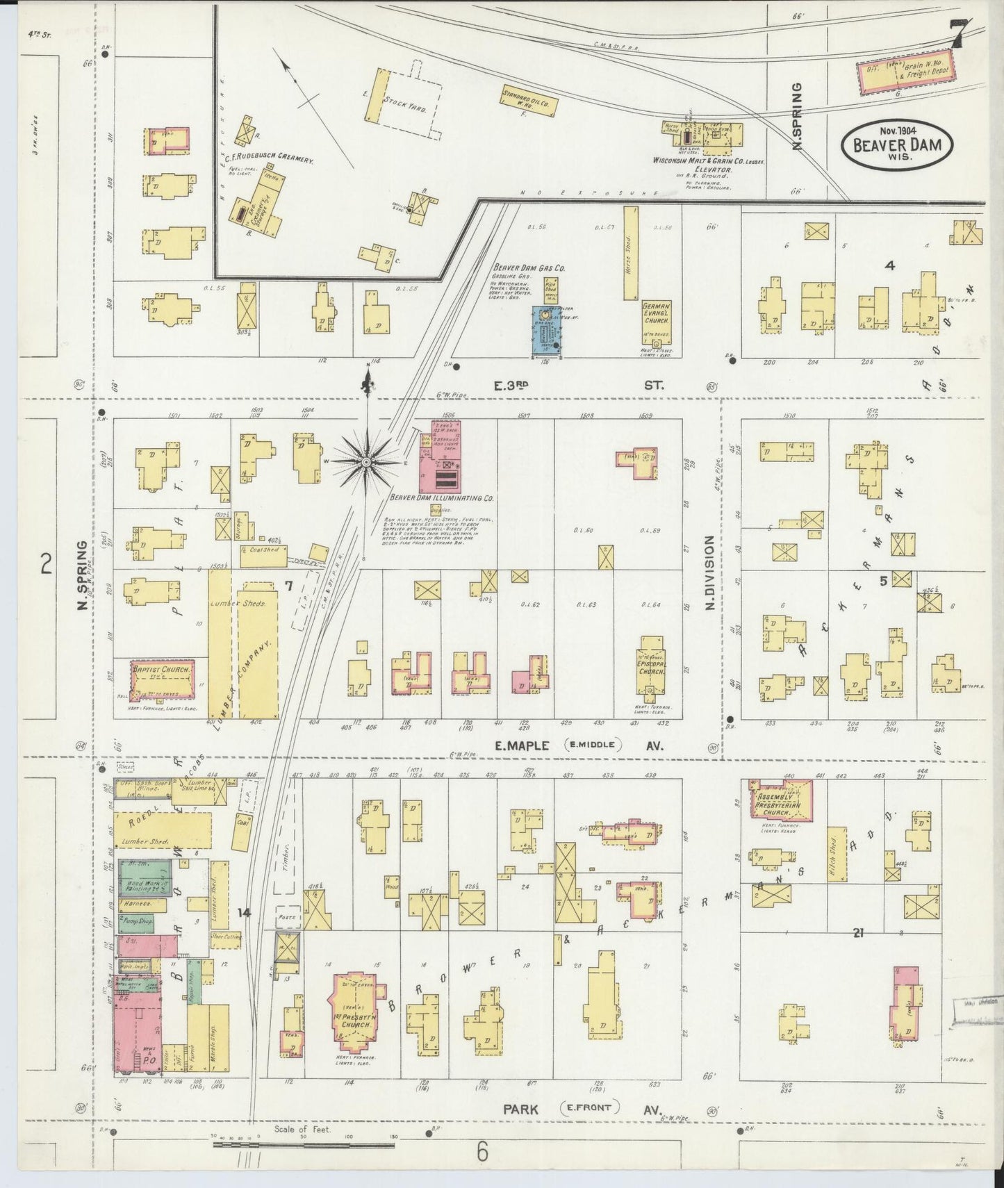 Sanborn Fire Insurance Map from Beaver Dam, Dodge County, Wisconsin (1904), Sheet #0007 - Historic Sanborn Fire Insurance Map Print, vintage old map wall art, antique decor, genealogy gift, Wisconsin Wisconsin map